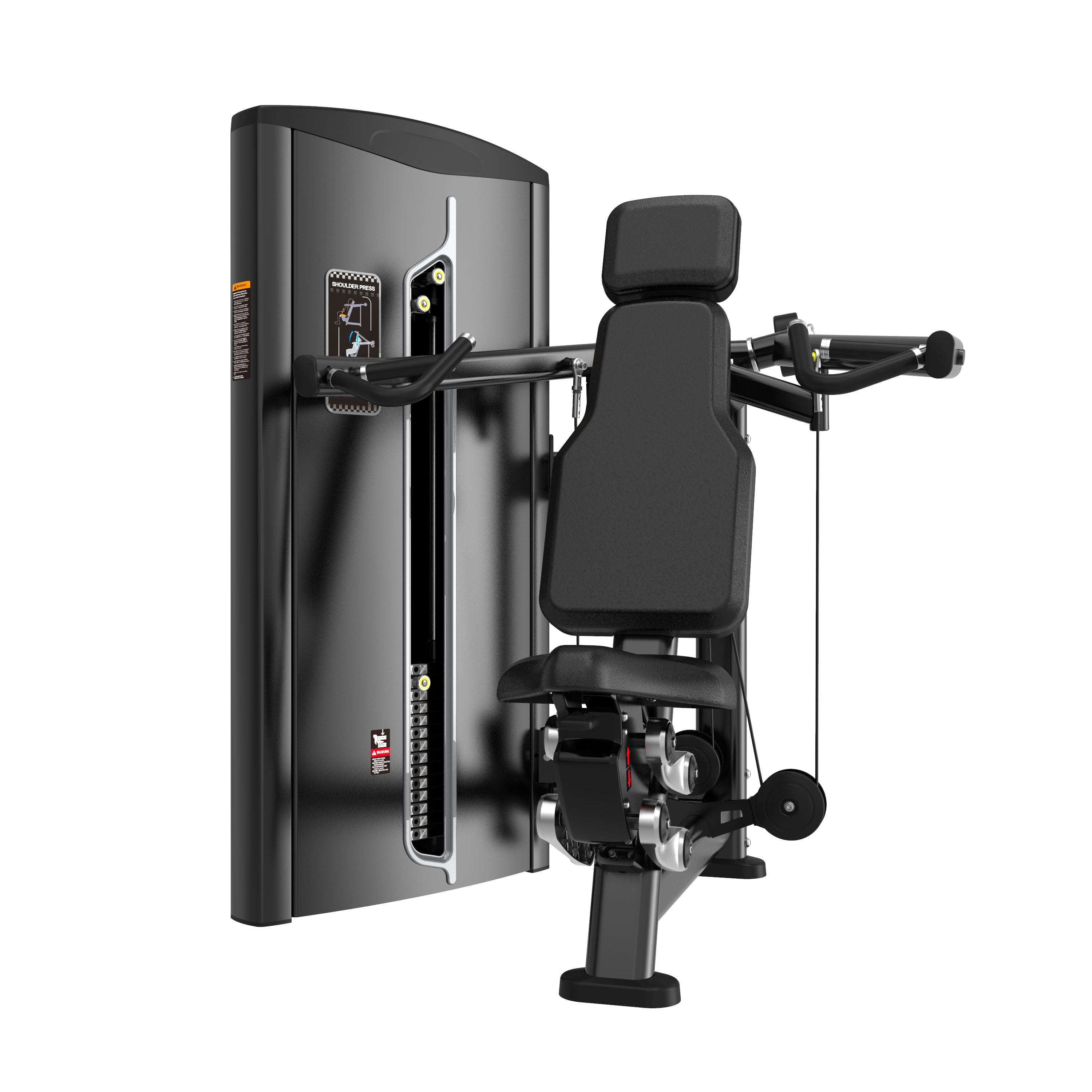 The BefitNow Canada Shoulder Press is a compact gym machine with black padded seat and backrest, adjustable weights, and dual handles—ideal for upper body strength training in various workout spaces.