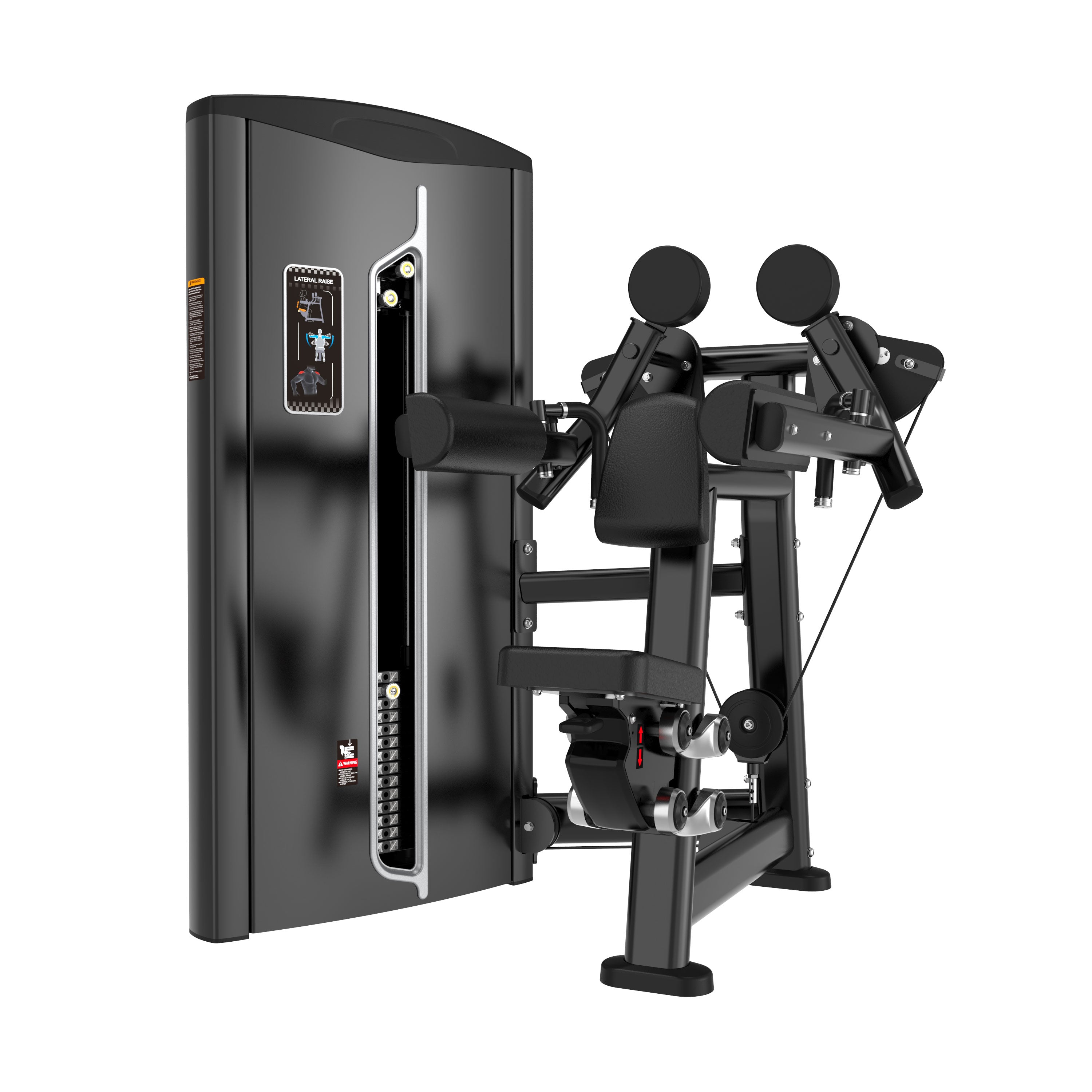 The BefitNow Canada Lateral Raise is a black and silver seated gym machine with padded armrests, adjustable weight stack, and cable system for upper body workouts. Dimensions: 48 x 48 x 63.