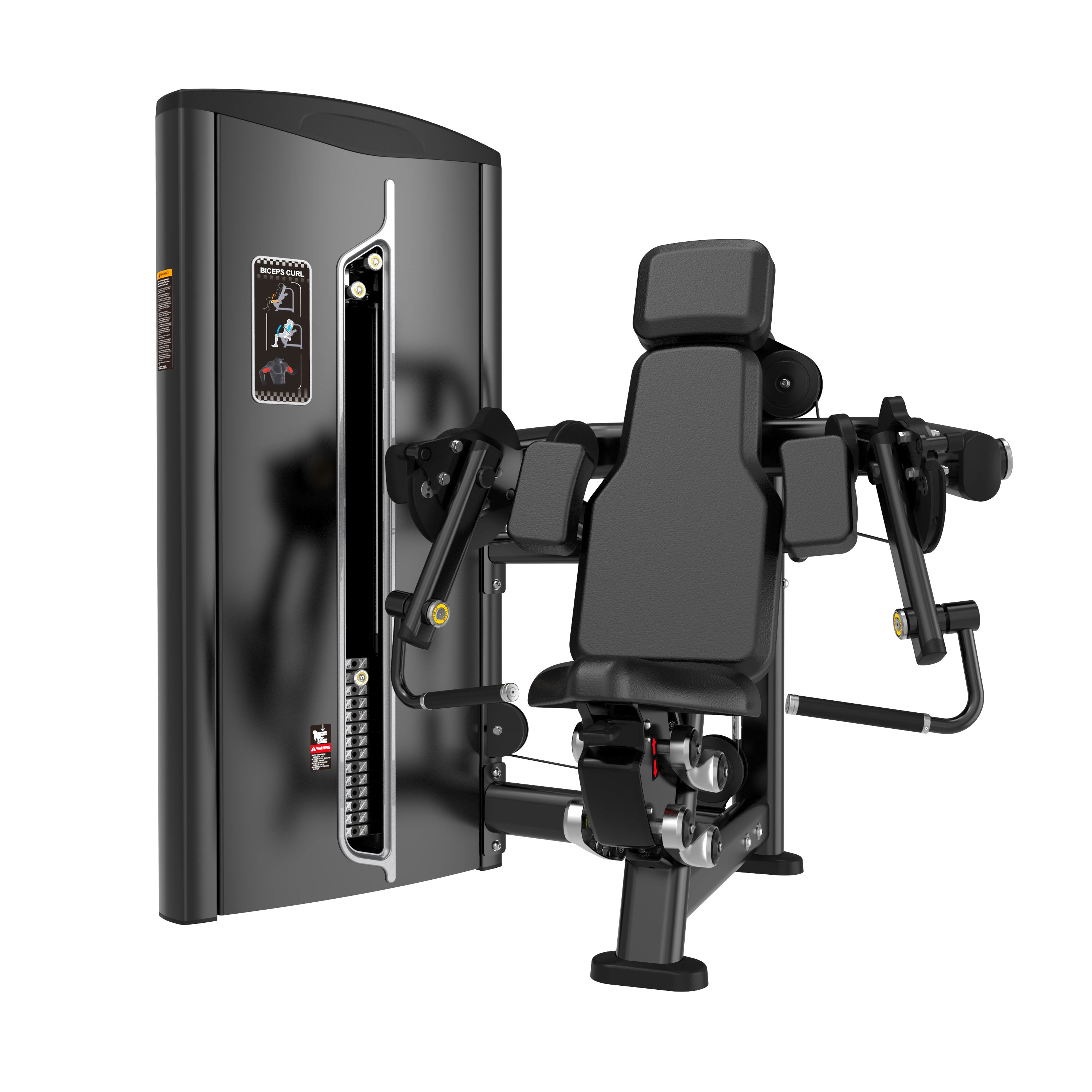 The BefitNow Canada Biceps Curl is a black machine with padded seat, backrest, and handles, featuring an adjustable 628lbs weight stack on the left and an instruction panel above; dimensions ensure it fits your gym perfectly.