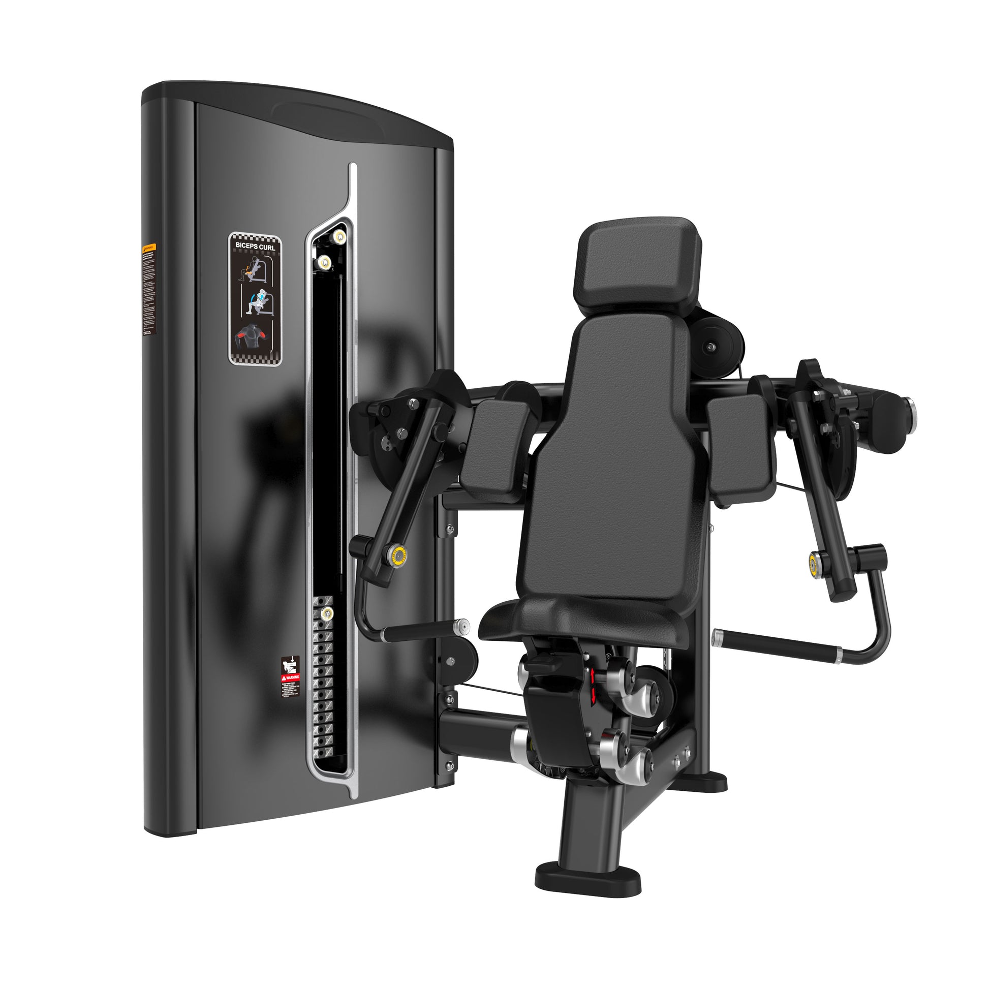 The BefitNow Canada Biceps Curl is a black machine with padded seat, backrest, and handles, featuring an adjustable 628lbs weight stack on the left and an instruction panel above; dimensions ensure it fits your gym perfectly.