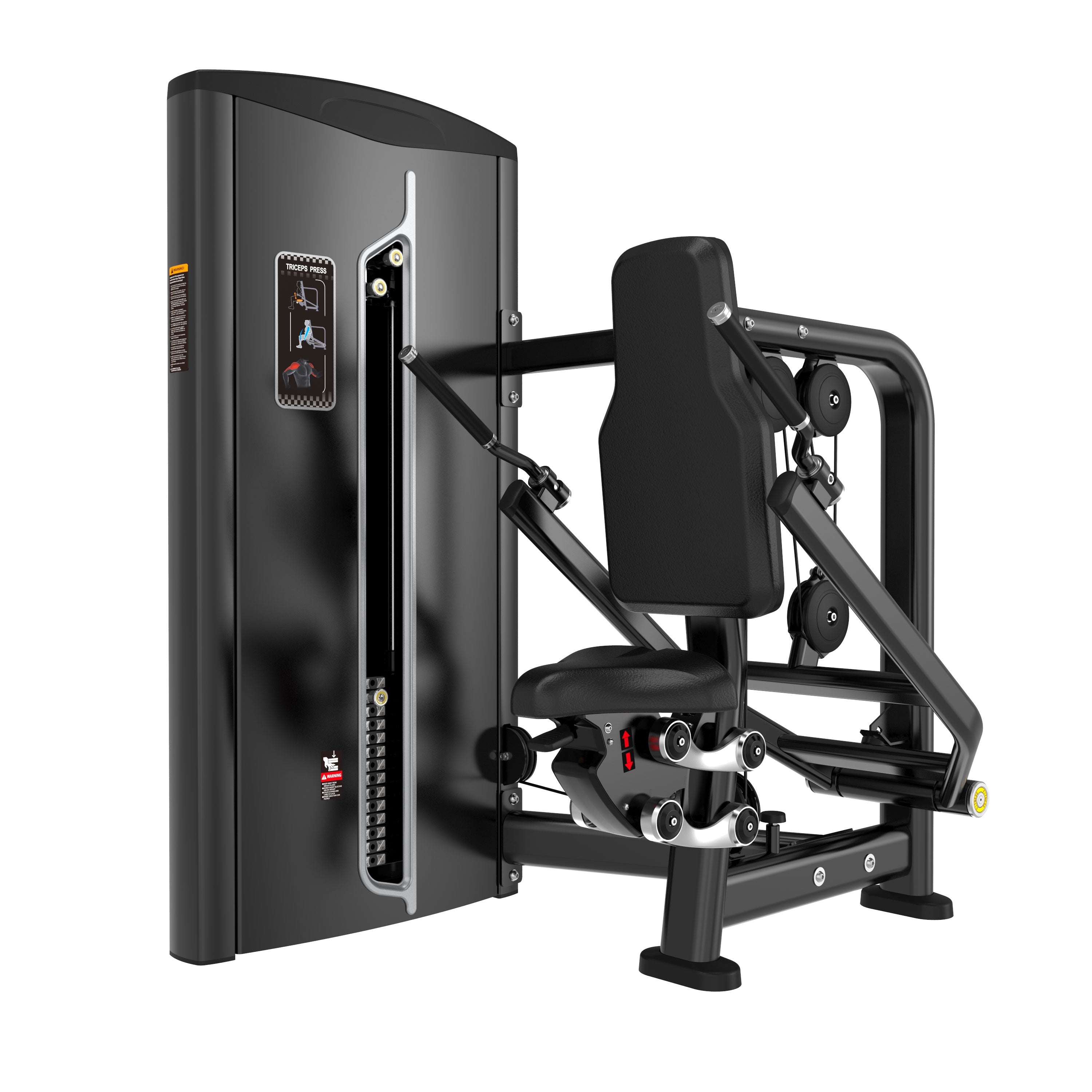 The BefitNow Canada Seated Dip is a black strength machine with padded seat, backrest, handles, and adjustable weight stack, ideal for upper body dips. Its compact size fits well in any fitness space.