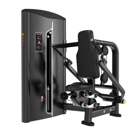 The BefitNow Canada Seated Dip is a black strength machine with padded seat, backrest, handles, and adjustable weight stack, ideal for upper body dips. Its compact size fits well in any fitness space.