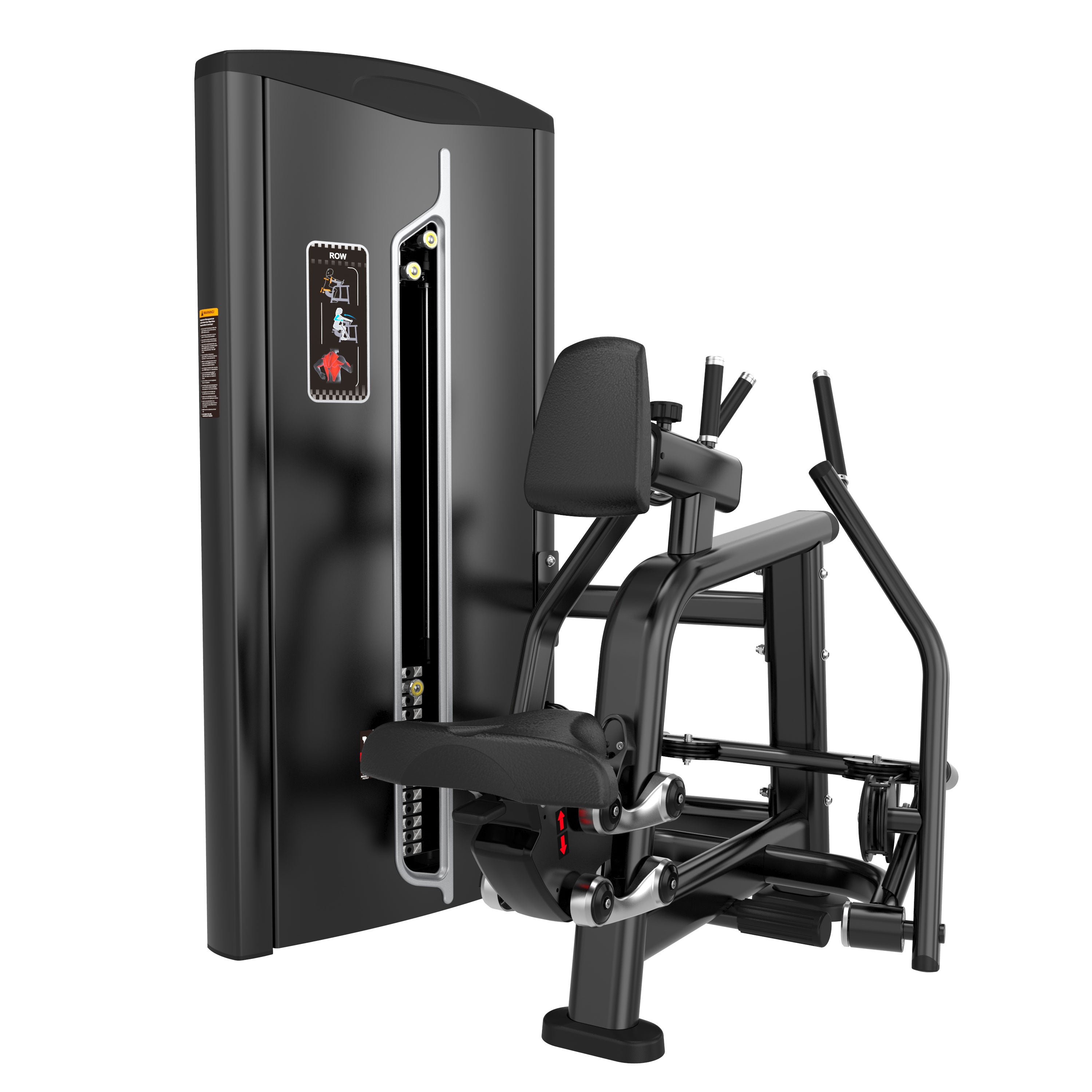 The BefitNow Canada Rowing Machine is a black seated row gym machine with padded seat, backrest, and handles, a 558lb weight stack, and measures 49x48x63, ideal for strength training back muscles.