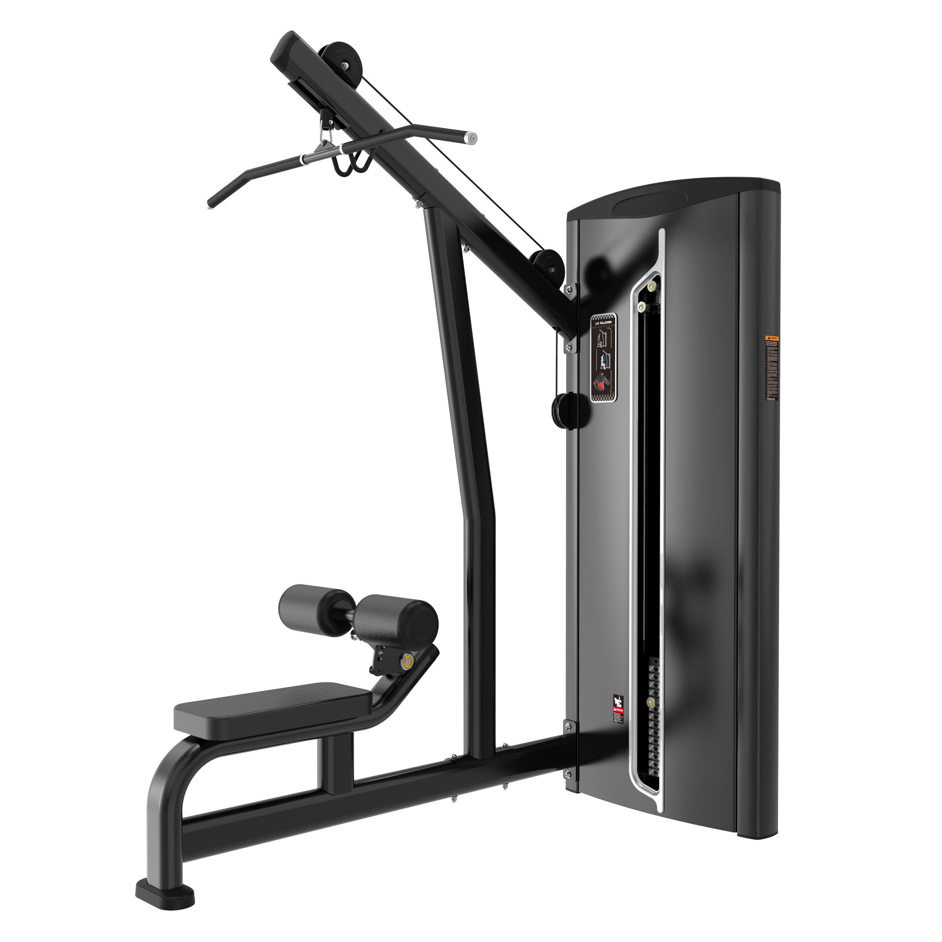 The BefitNow Canada Lat Pulldown features a black finish, padded seat, thigh supports, overhead pull-down bar, and enclosed weight stack. Its sleek cabinet measures 70x53x90, offering a compact yet effective gym solution.