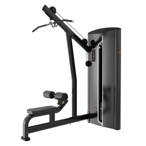 The BefitNow Canada Lat Pulldown features a black finish, padded seat, thigh supports, overhead pull-down bar, and enclosed weight stack. Its sleek cabinet measures 70x53x90, offering a compact yet effective gym solution.