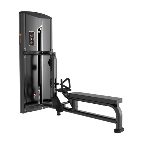 The BefitNow Canada Low Row is a black seated row machine with a padded bench, footrests, cable handle attachment, and adjustable weight stack, designed for gym strength training.