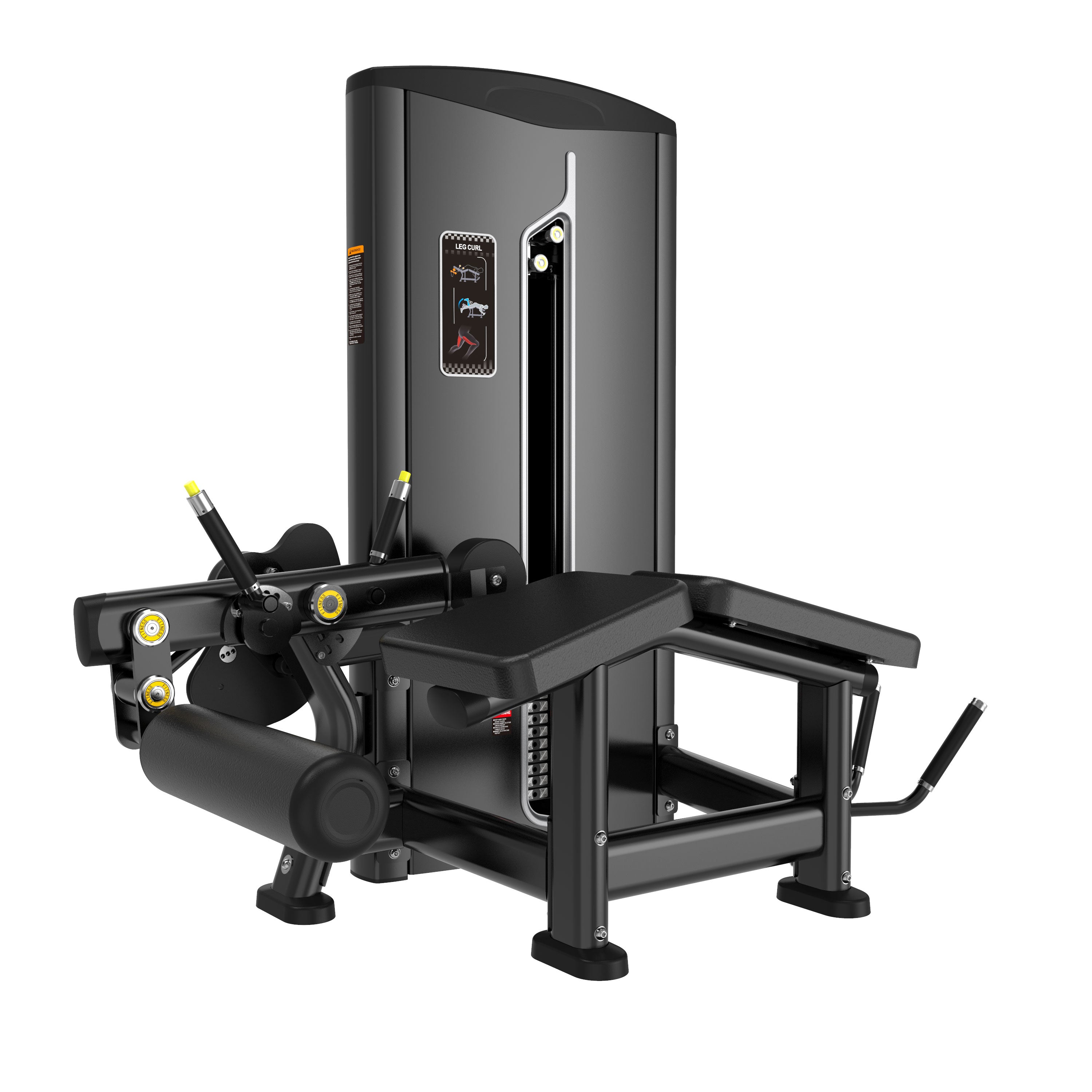 The BefitNow Canada Prone Leg Curl is a modern black and silver gym machine with padded seat, adjustable rollers, 551lbs weight stack, and sturdy levers for effective hamstring workouts; built to last and suit all fitness levels.