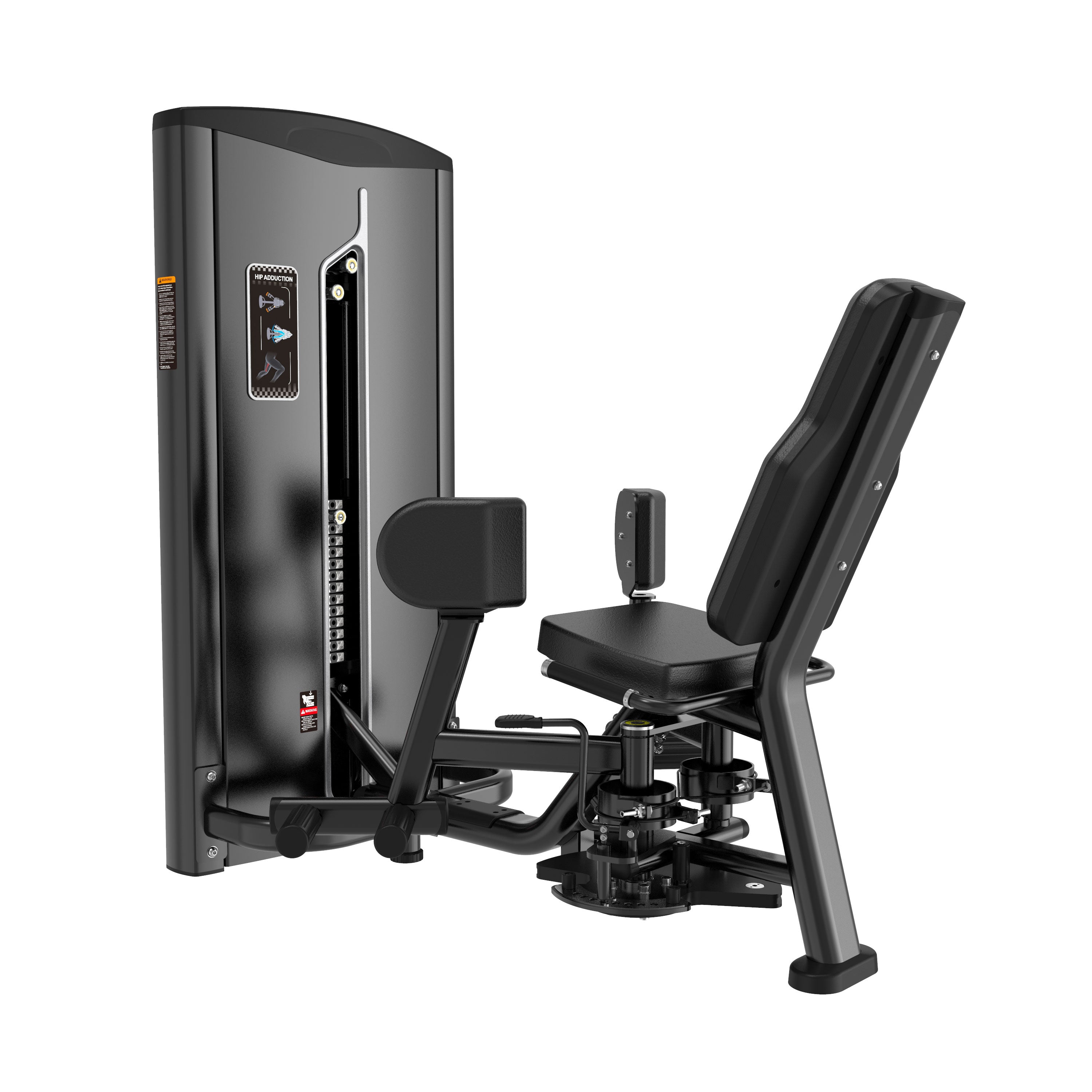 The BefitNow Canada Inner Thigh Adductor is a black and silver gym machine with a padded seat, backrest, foot pads, adjustable weights up to 551lbs, and compact size for seated leg exercises in most gyms.