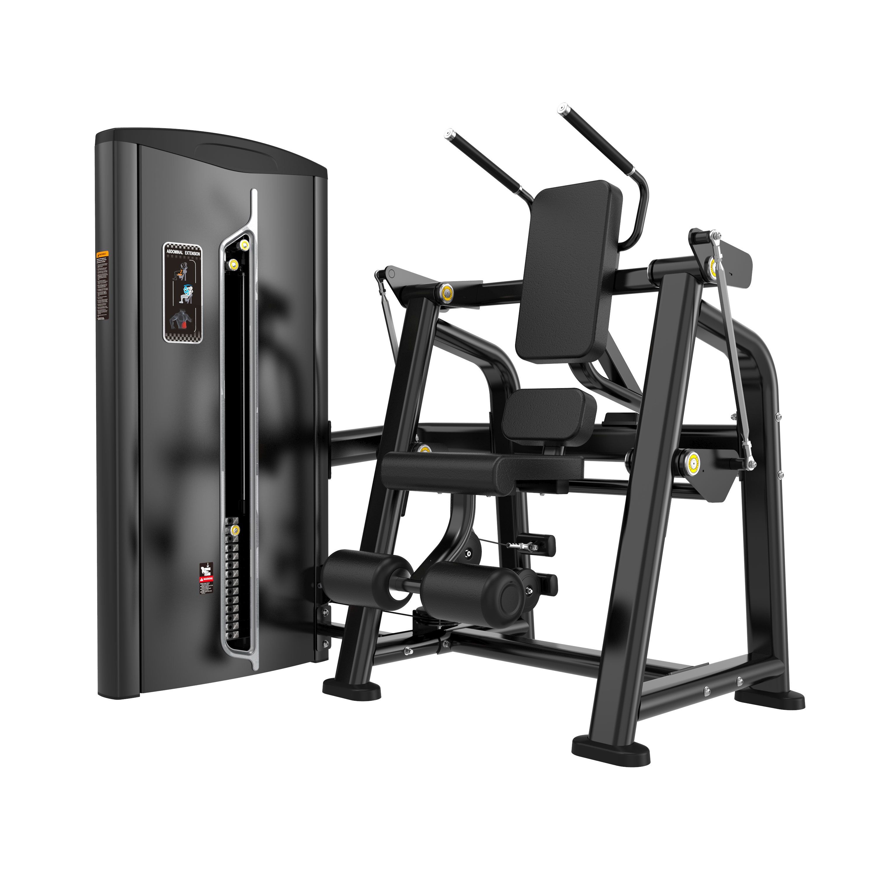 The BefitNow Canada Abdominal is a black commercial gym machine with a padded seat, backrest, and arm supports for core exercises. It features an adjustable weight stack and customizable settings for various user sizes.