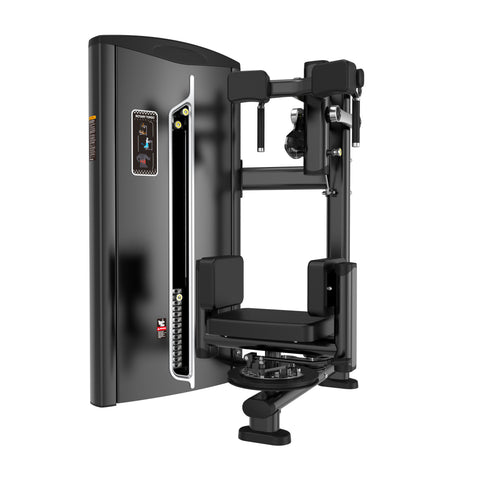 The BefitNow Canada Rotary Torso is a black gym machine with padded seats, armrests, 553lb weight stack, adjustment handles, instructional panel, and marked dimensions—ideal for seated upper body or chest resistance exercises.