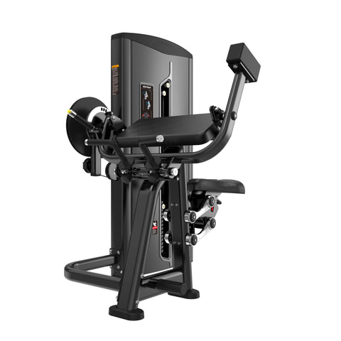 The BefitNow Canada Bicep/Tricep is a black and silver seated gym machine for arm workouts, offering padded supports, an adjustable weight stack, instructional stickers on the main panel, and a compact design for versatile placement.