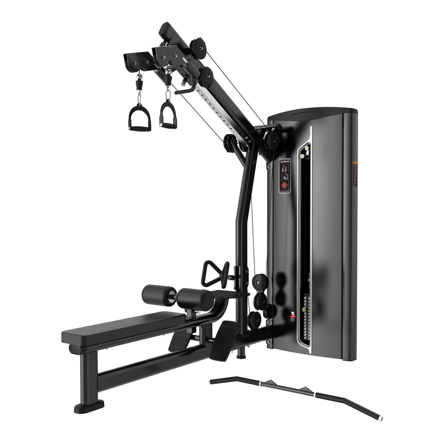The BefitNow Canada Iso Lateral Lat Pulldown/Low Row is a sleek, black multi-functional machine for your home gym with adjustable pulleys, handles, weight stack, padded seat, and a detachable straight bar—ideal for strength training.