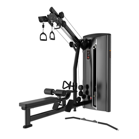 The BefitNow Canada Lat Pulldown/Low Row is a black, compact gym machine with a padded bench, cable pulleys, 211lb adjustable weight stack, handles, and lat pulldown bar—ideal for versatile workouts.