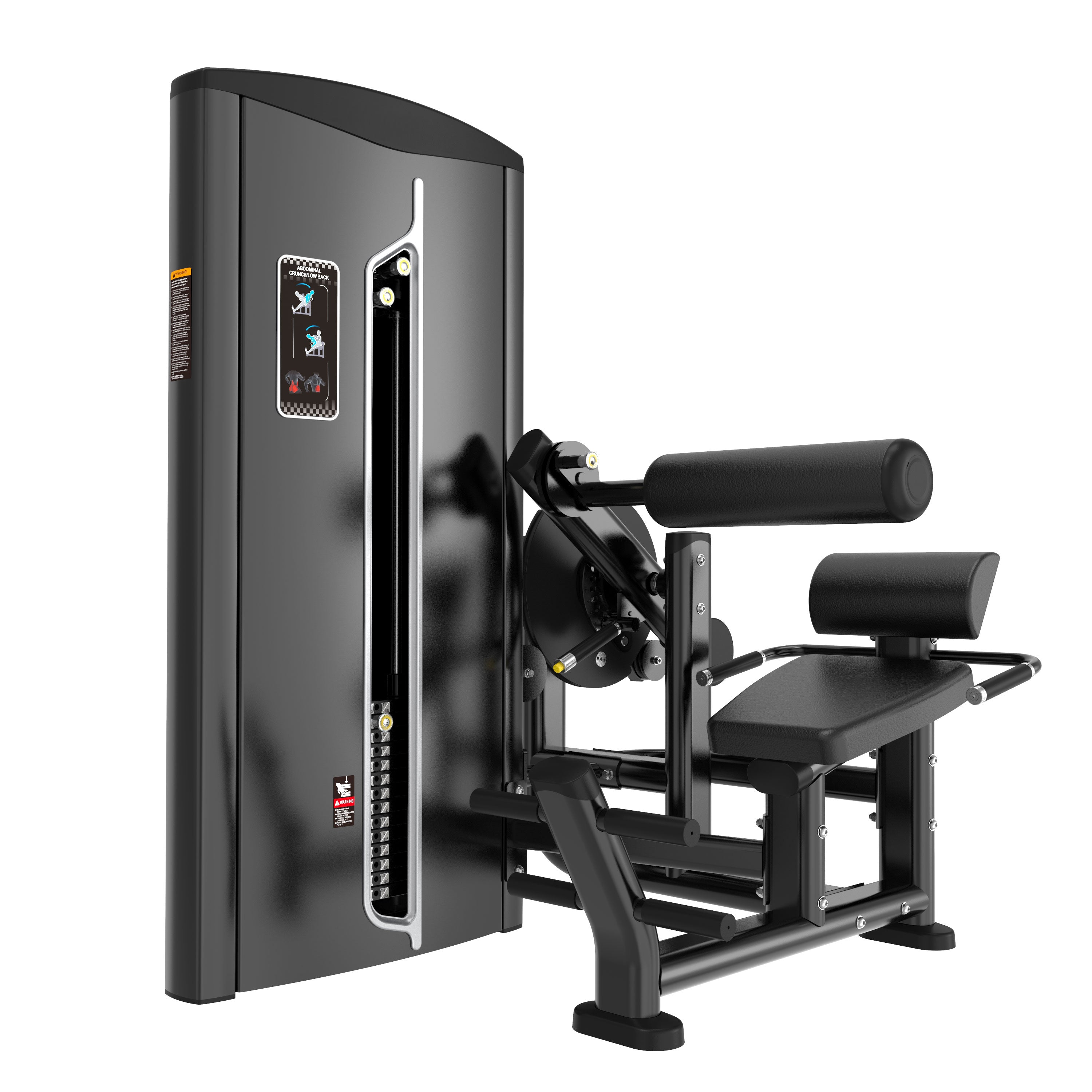 The BefitNow Canada Abdominal Crunch/Low Back is a black commercial gym machine featuring padded seats, rollers, a weight stack, adjustment handles, illustrated instructions, and a compact design for efficient gym space use.