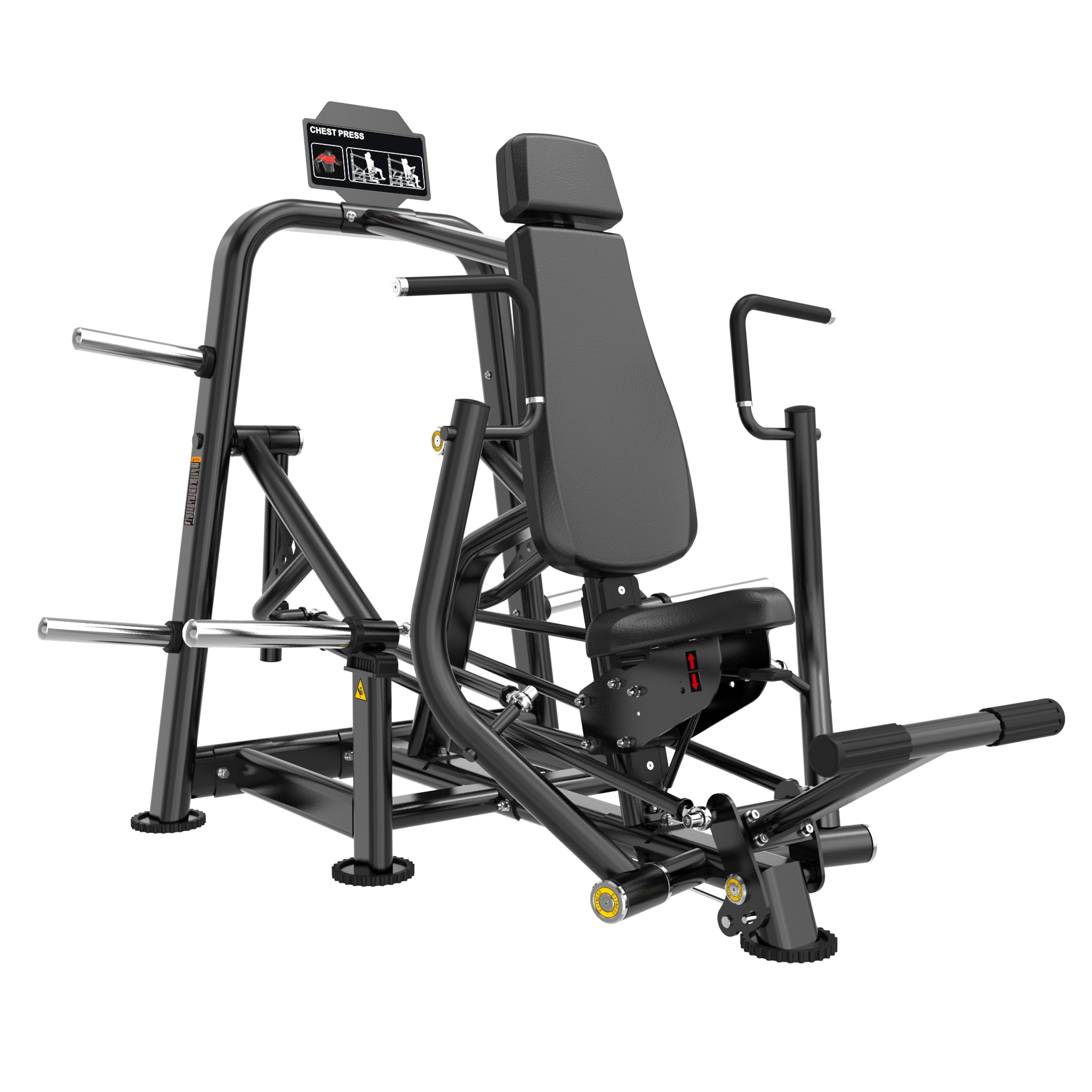 The BefitNow Canada FS01 CHEST PRESS is a black commercial machine with padded adjustable seat and backrest, handles, foot pedals, barbell holders for weights, and sturdy support bars for stable upper body workouts.