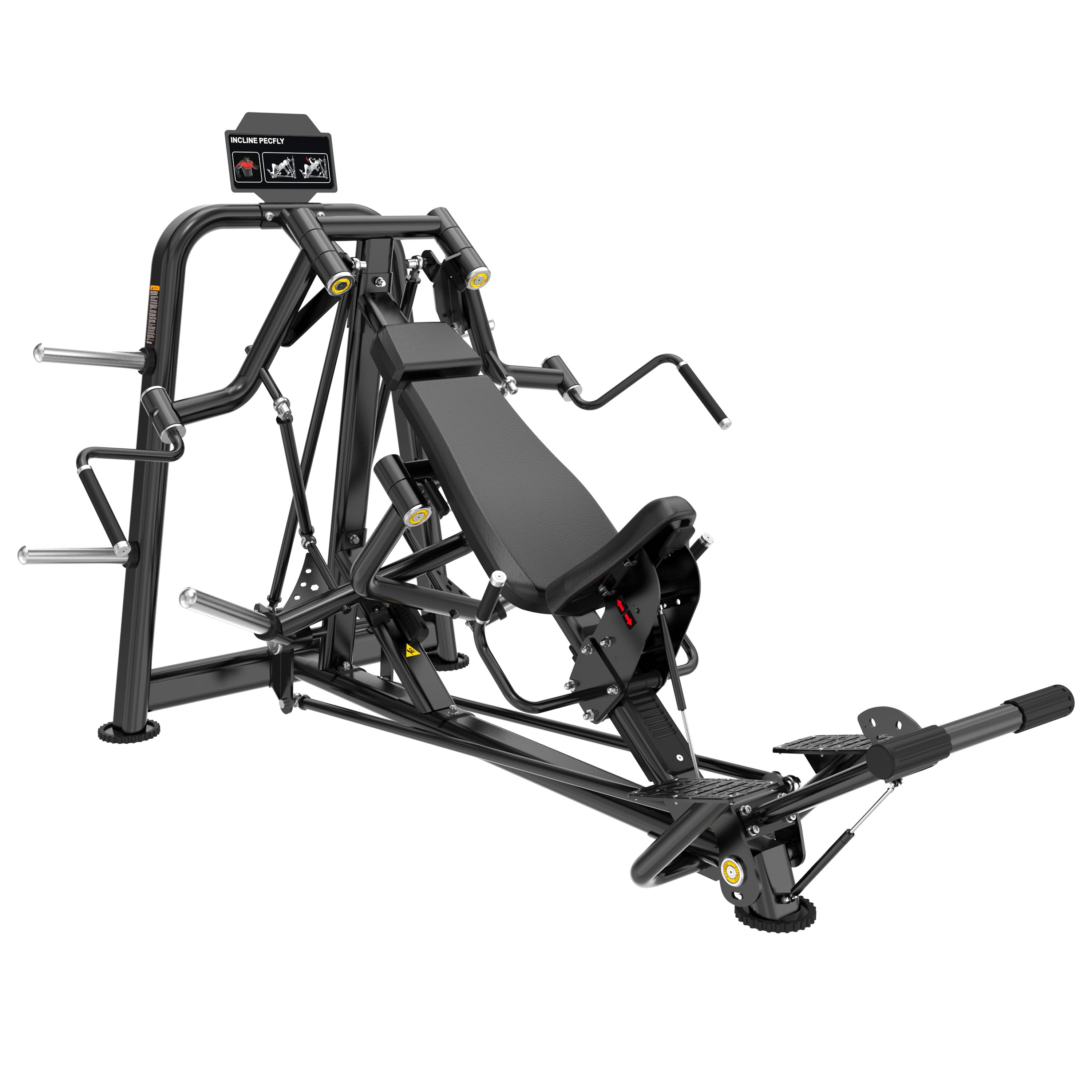 The BefitNow Canada FS02 INCLINE PECFLY is a black, adjustable incline bench press machine with padded seat, handlebars, footrests, and weight plate holders—perfect for upper chest workouts and strength training in commercial gyms.