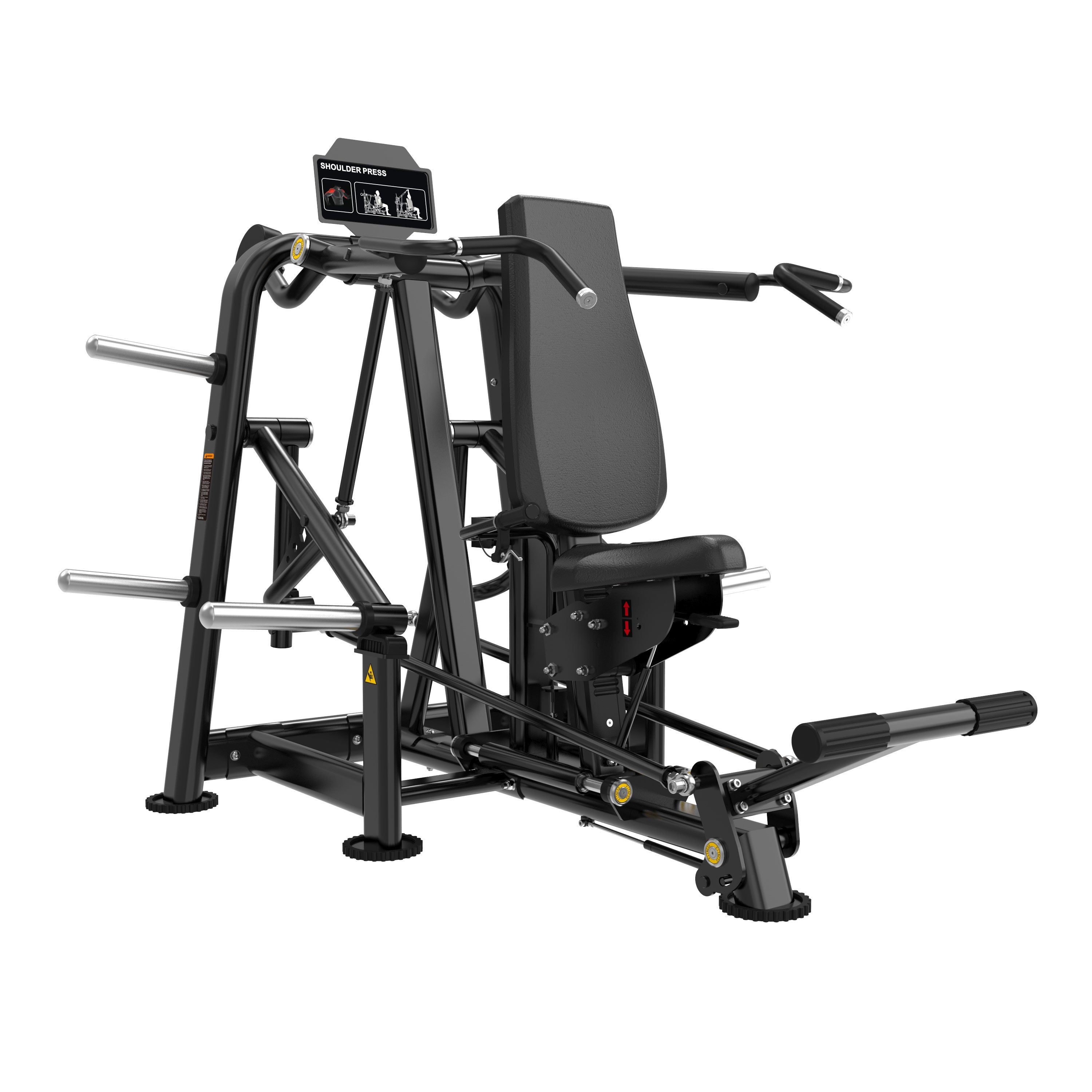 The BefitNow Canada FS03 Shoulder Press is a black, seated strength machine for upper-body workouts, featuring adjustable handles, padded seat and backrest, and side weight plate holders—ideal for any commercial gym equipment lineup.