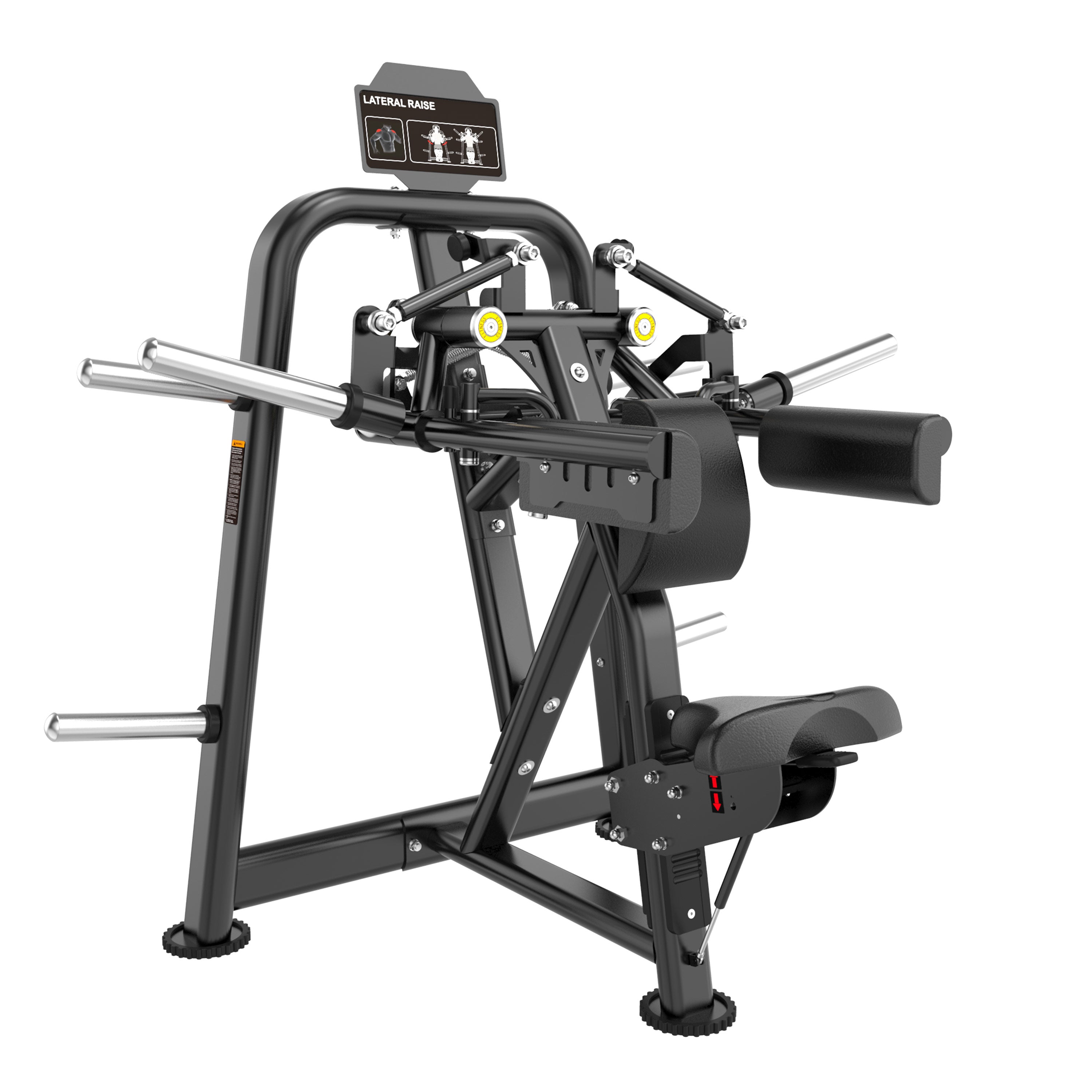 The BefitNow Canada FS04 Lateral Raise is a black metal machine with padded arm rests, handles, and weight plate holders. Designed for deltoid isolation, it includes an instructional sign above this premium commercial gym equipment.