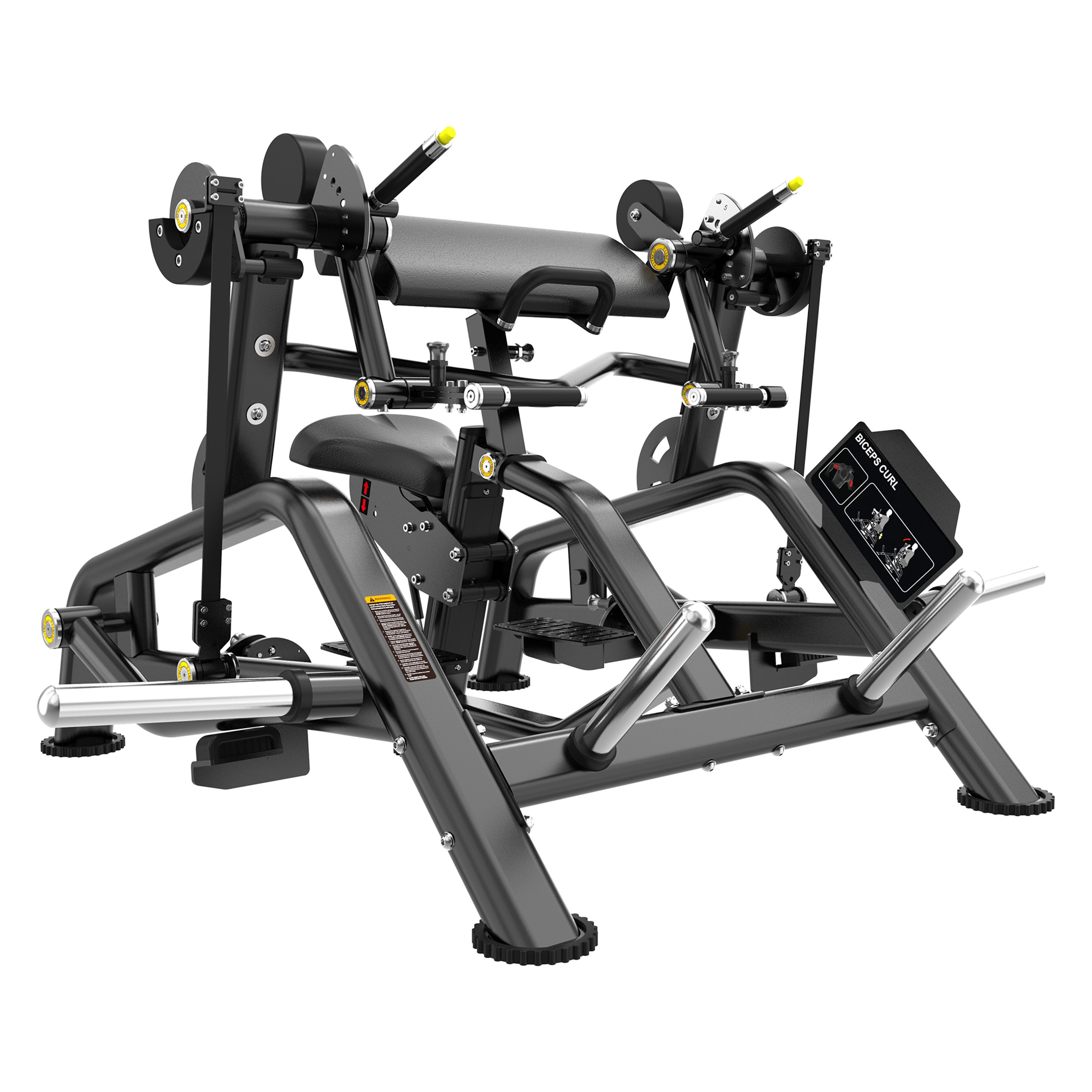 The BefitNow Canada FS05 Biceps Curl is a black and silver commercial gym machine with padded supports and adjustable handles for biceps strength training. Instructional diagrams are located on one side of the unit.