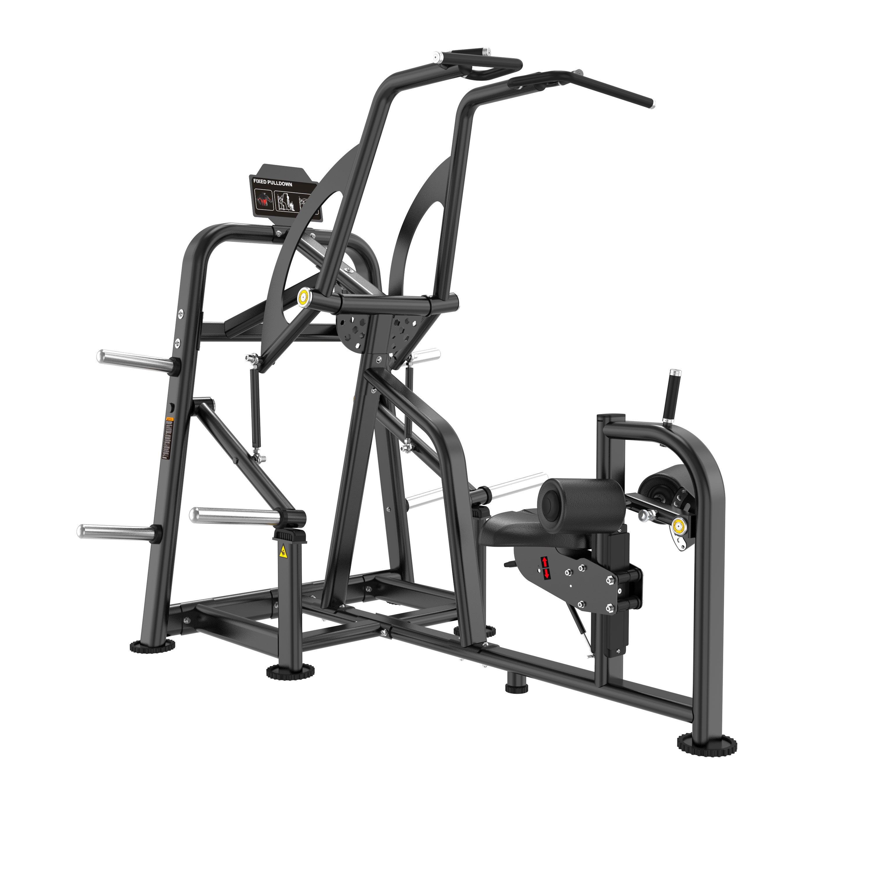 The BefitNow Canada FS08 FIXED PULLDOWN is a black, commercial-grade machine with padded seat, handles, and footrests for upper-body and back workouts; weight plate holders are built into the frame.