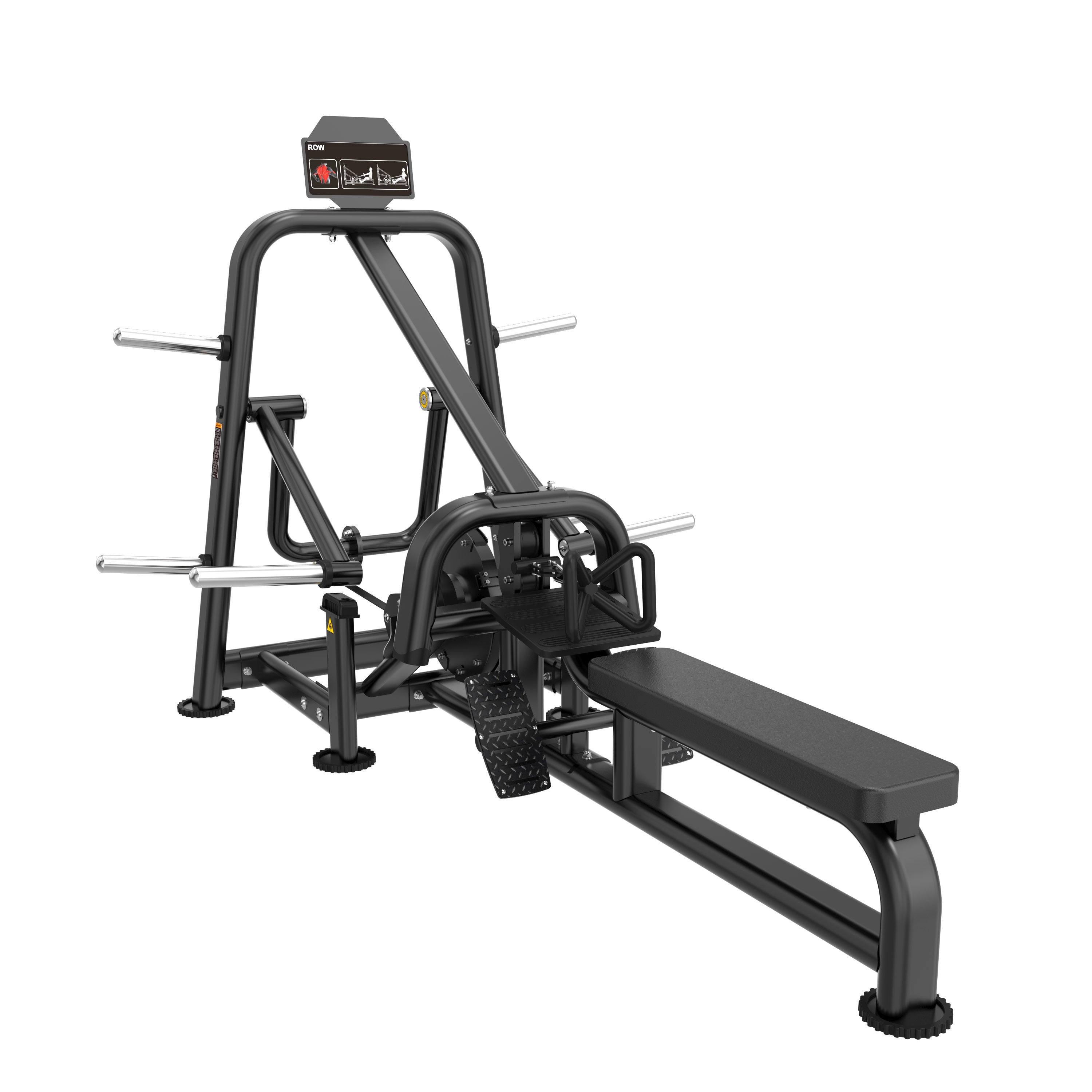 The BefitNow Canada FS09 LOW ROW is a black, angled machine with a padded bench, footplate, and multiple handles and bars—perfect for back development and rowing exercises in any commercial gym.