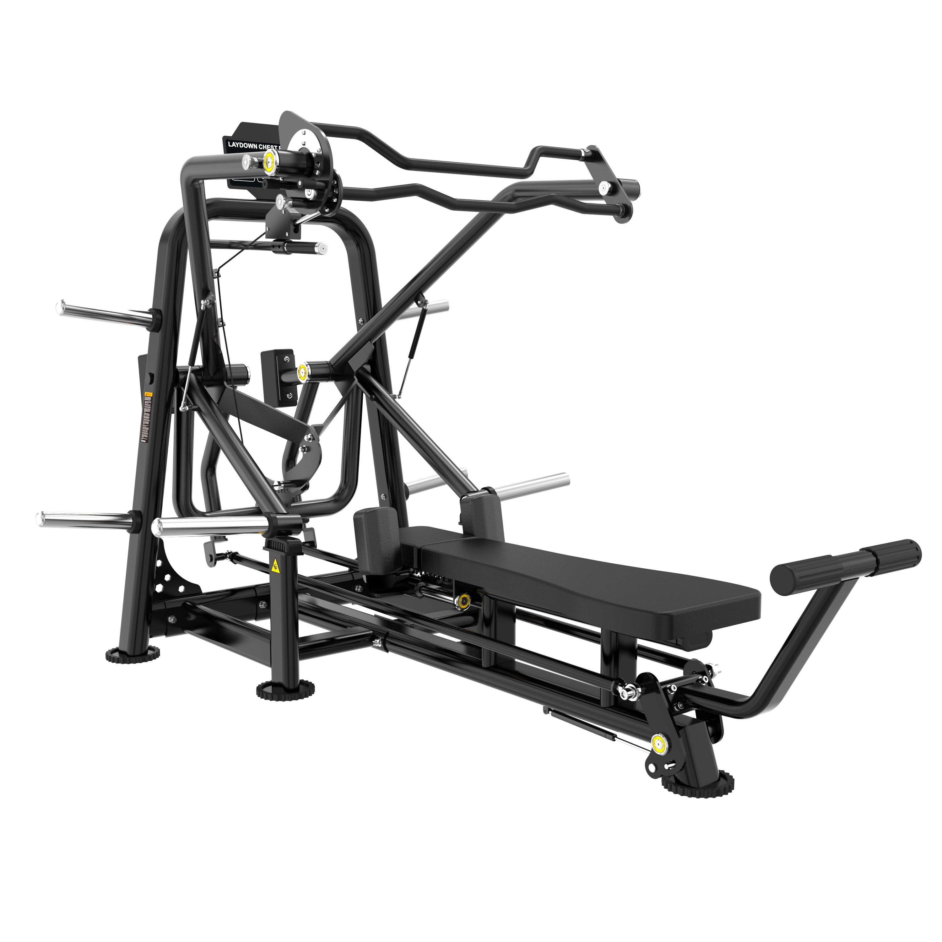 The FS10 LAYDOWN CHEST PRESS by BefitNow Canada is a black commercial gym machine featuring a padded bench, adjustable bars, weight plate holders, and multiple handles for versatile strength training.