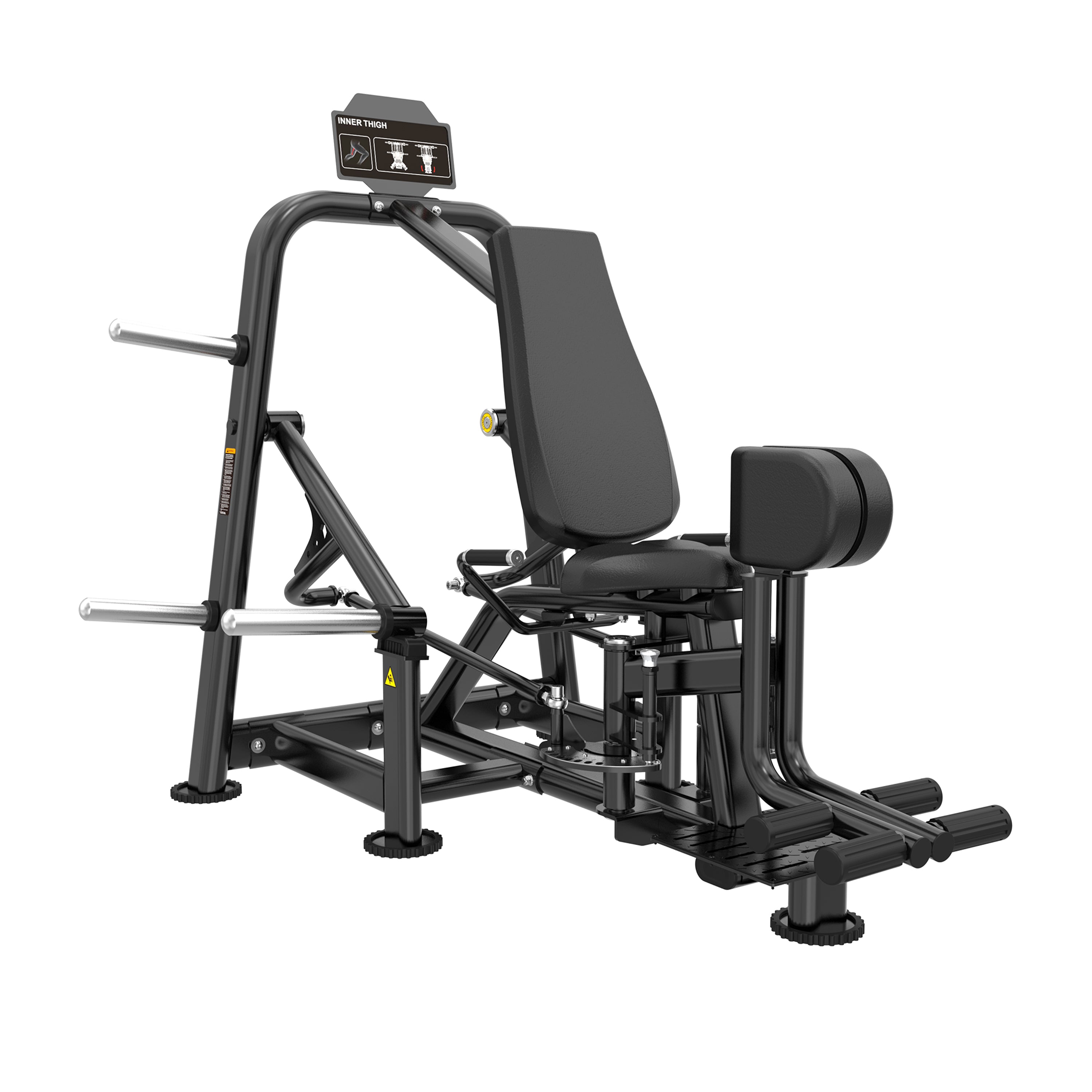 The FS16 INNER THIGH ADDUCTOR by BefitNow Canada features a black and silver ergonomic design with padded seat, backrest, and thigh supports, offering adjustable settings for targeted inner thigh workouts—perfect for commercial gyms.