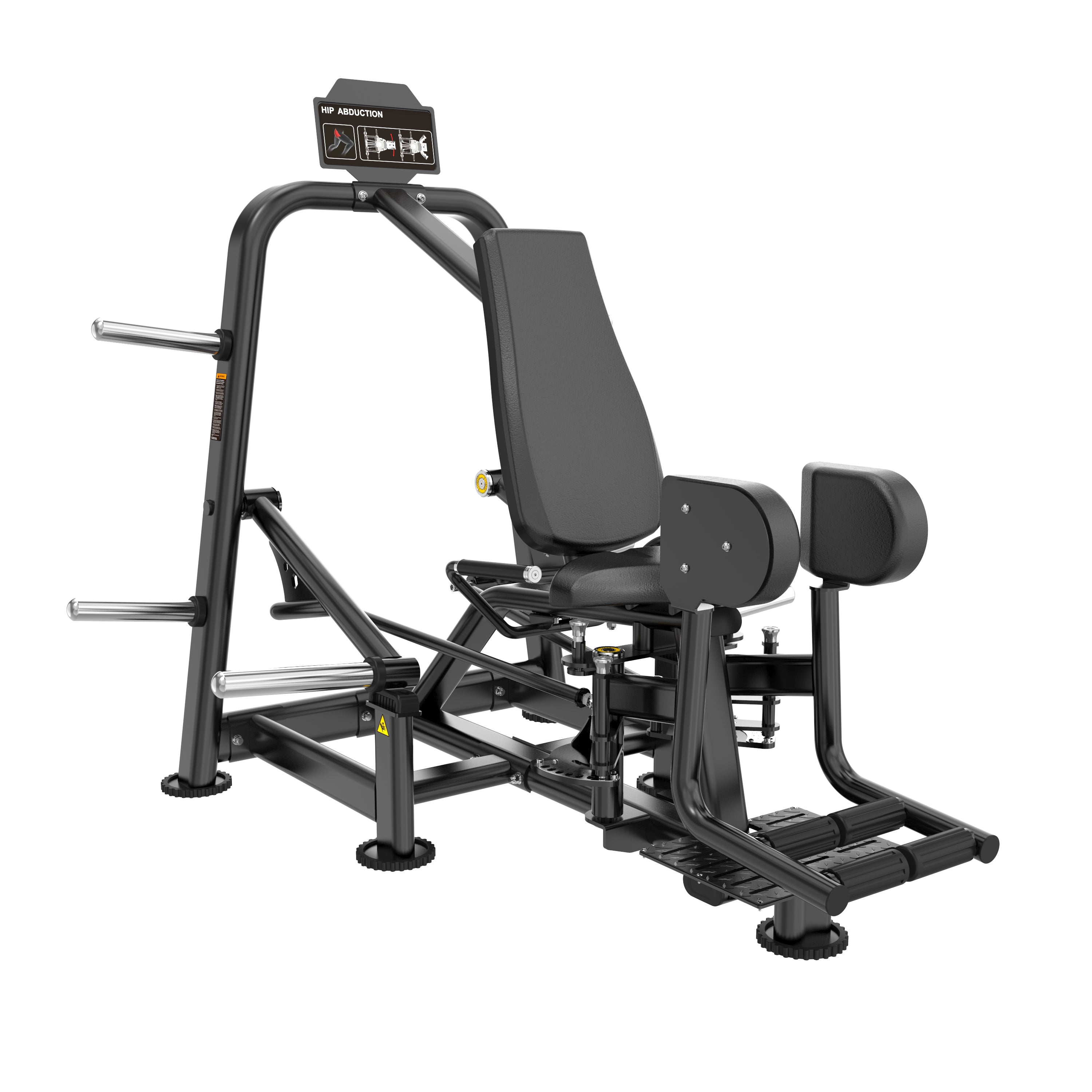 The BefitNow Canada FS17 OUTER THIGH ABDUCTOR is a black gym machine with padded backrest, adjustable leg pads, handles, sturdy metal frame, footrests, and weight plate holders for outer thigh and glute strength training.