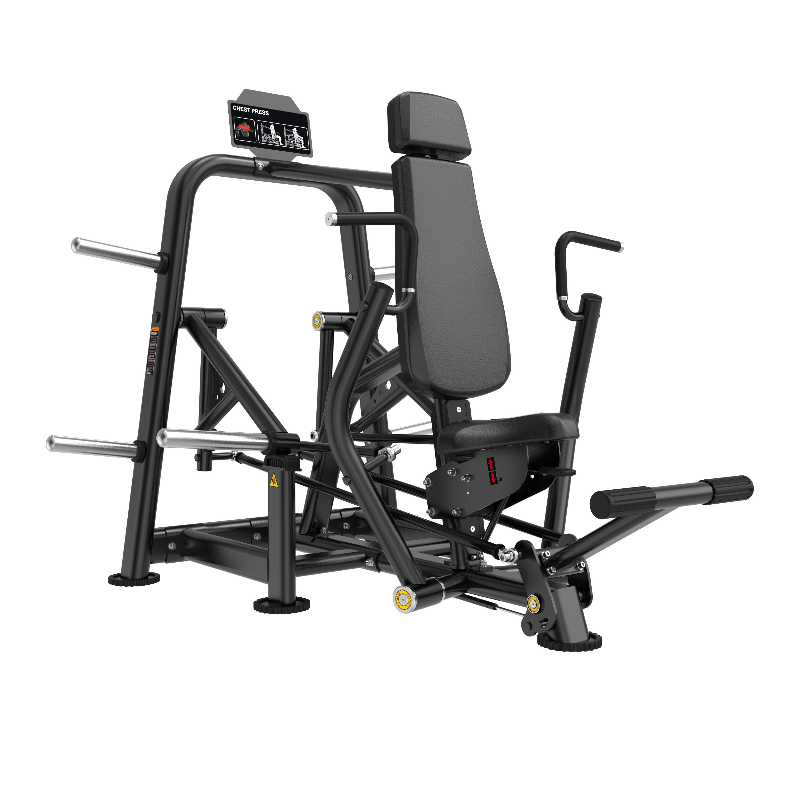 The BefitNow Canada FS18 Decline Chest Press is a black gym machine with padded backrest, adjustable seat, and handles for lower chest workouts. Includes weight plate holders and a top instructional label—perfect for commercial gyms.