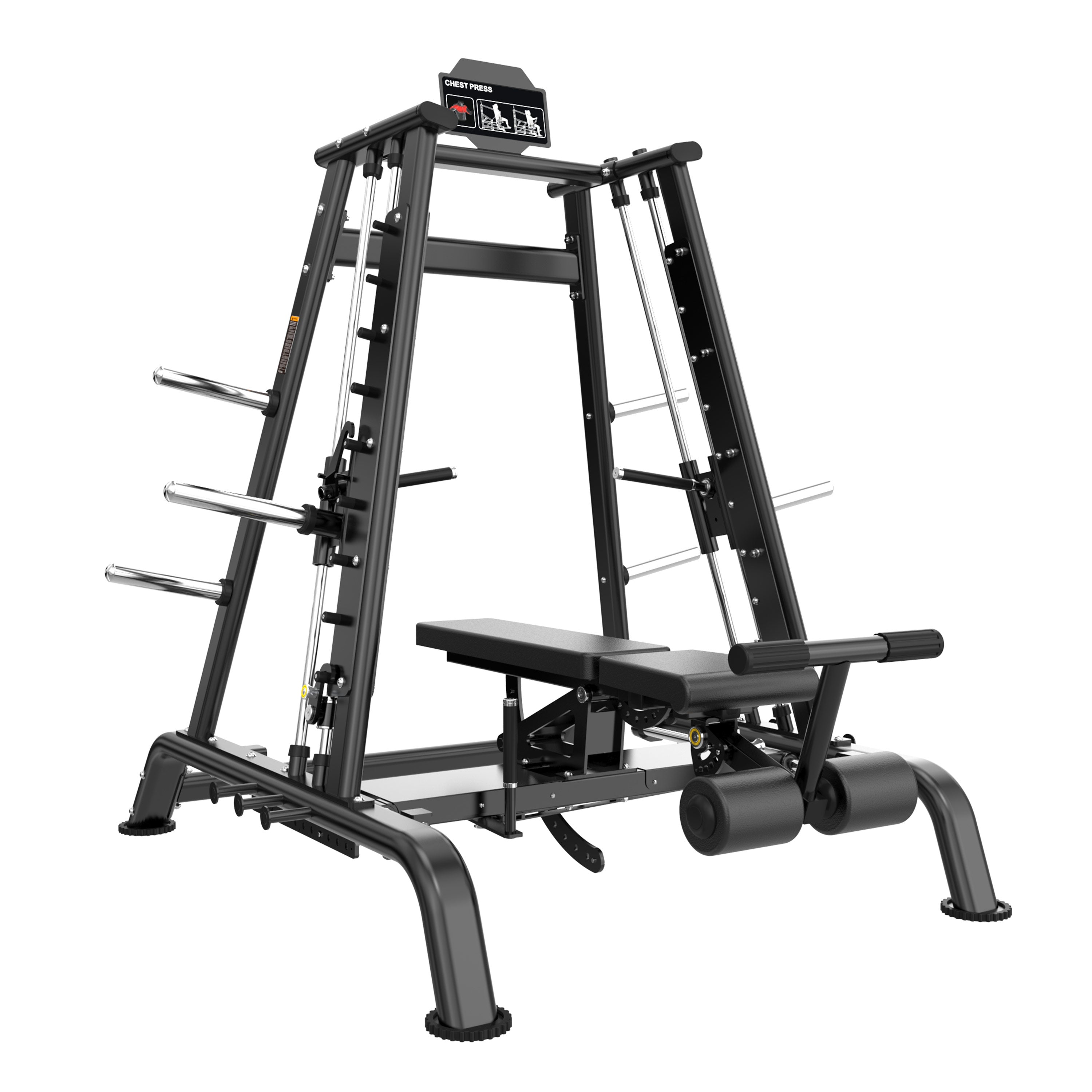 The BefitNow Canada FS20 MULTI-FUNCTION PRESS is a commercial gym strength machine with a black metal frame, adjustable bench, padded leg supports, and barbell on guide rails for safe, versatile press exercises.