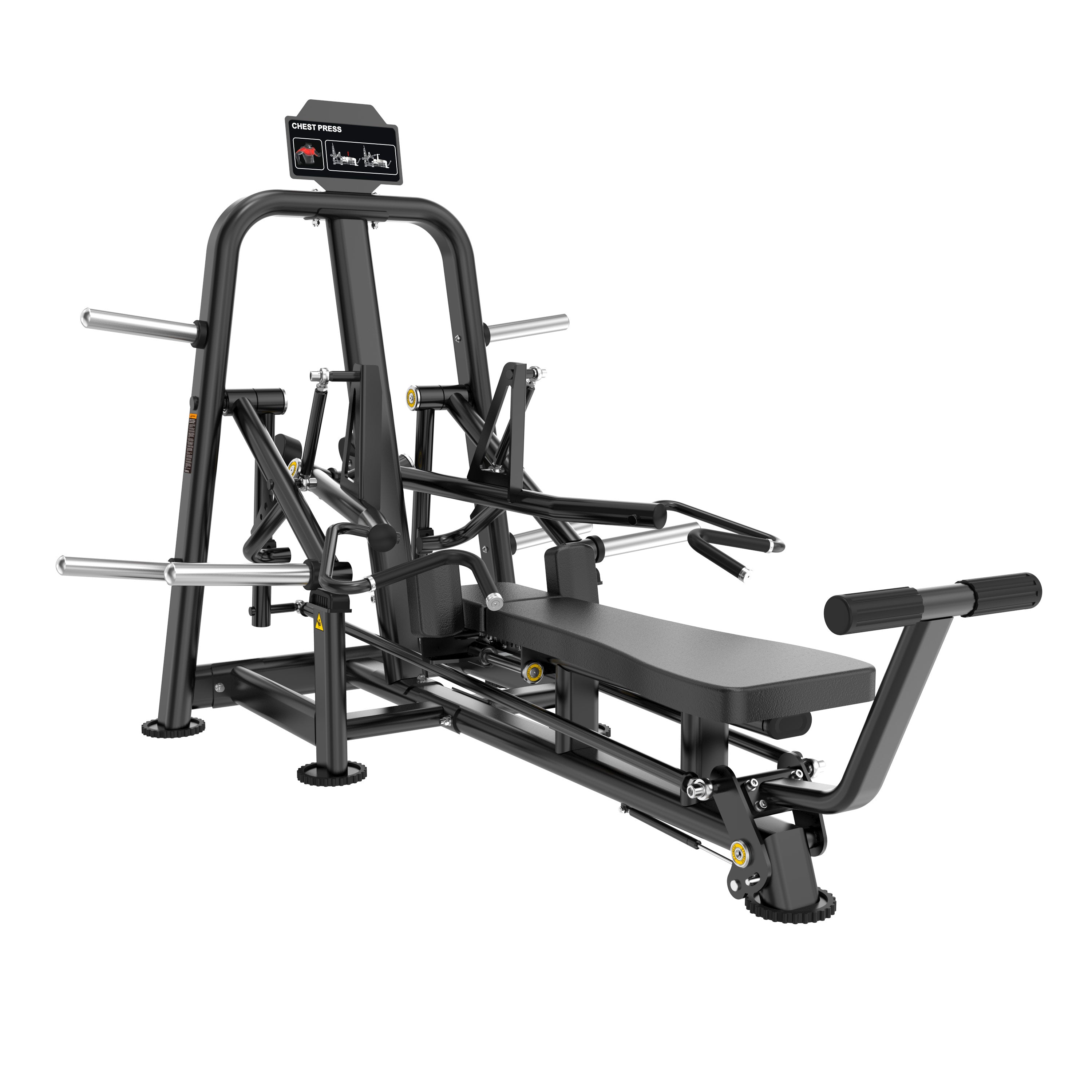 The BefitNow Canada FS24 LAYDOWN CHEST PRESS is a black, commercial-grade machine featuring a padded bench, multiple handle positions for chest activation, weight plate holders, and an instructional placard on top.