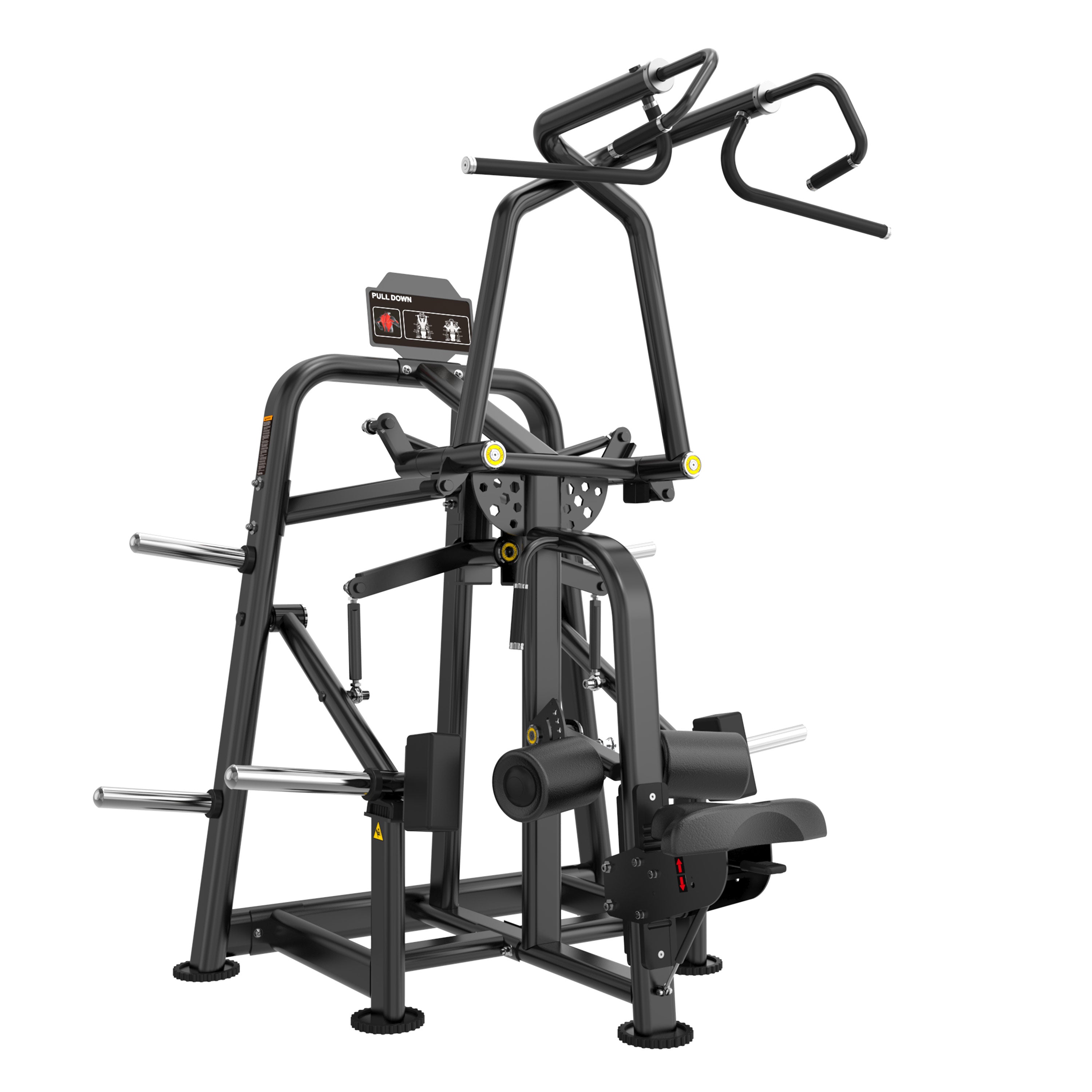 The BefitNow Canada FS29 PULLDOWN is a black multi-station gym machine with various bars, handles, and weight plate holders for strength training and targeting upper back muscles.