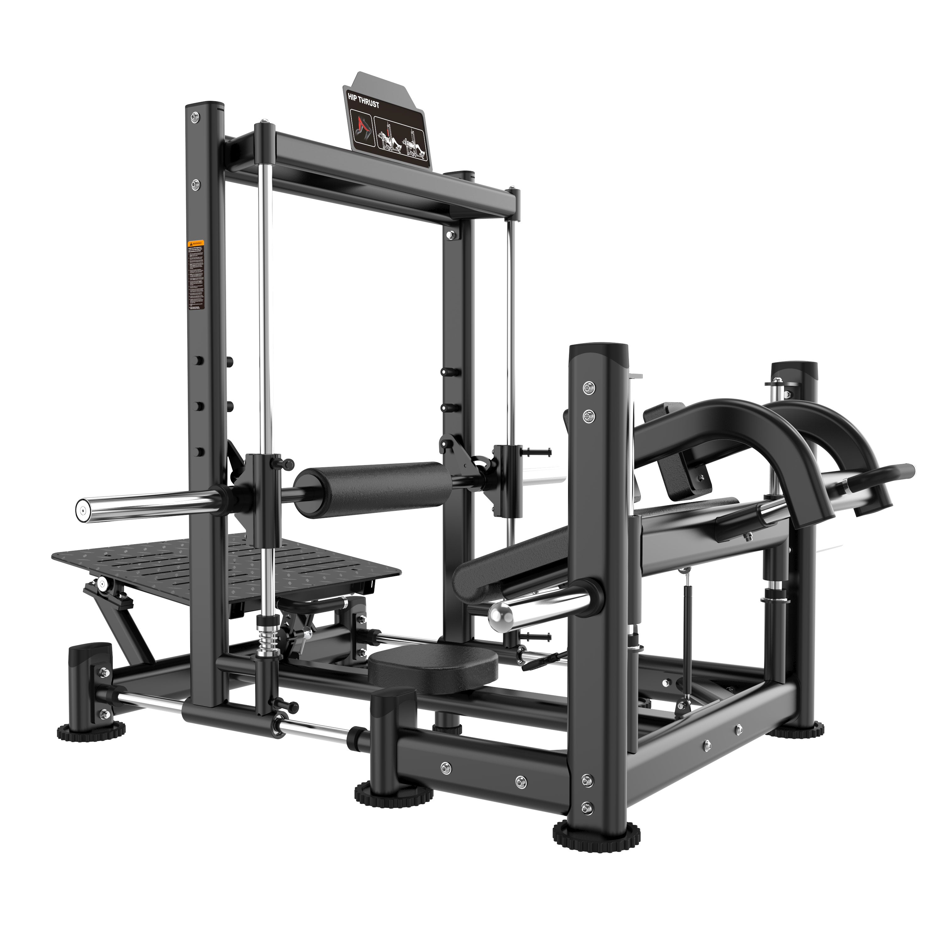 The BefitNow Canada FS31 HIP THRUST is a black multifunctional gym machine with an adjustable metal frame, barbell, angled foot platform, and padded supports, designed for squats, calf raises, glute activation, and lower-body workouts.