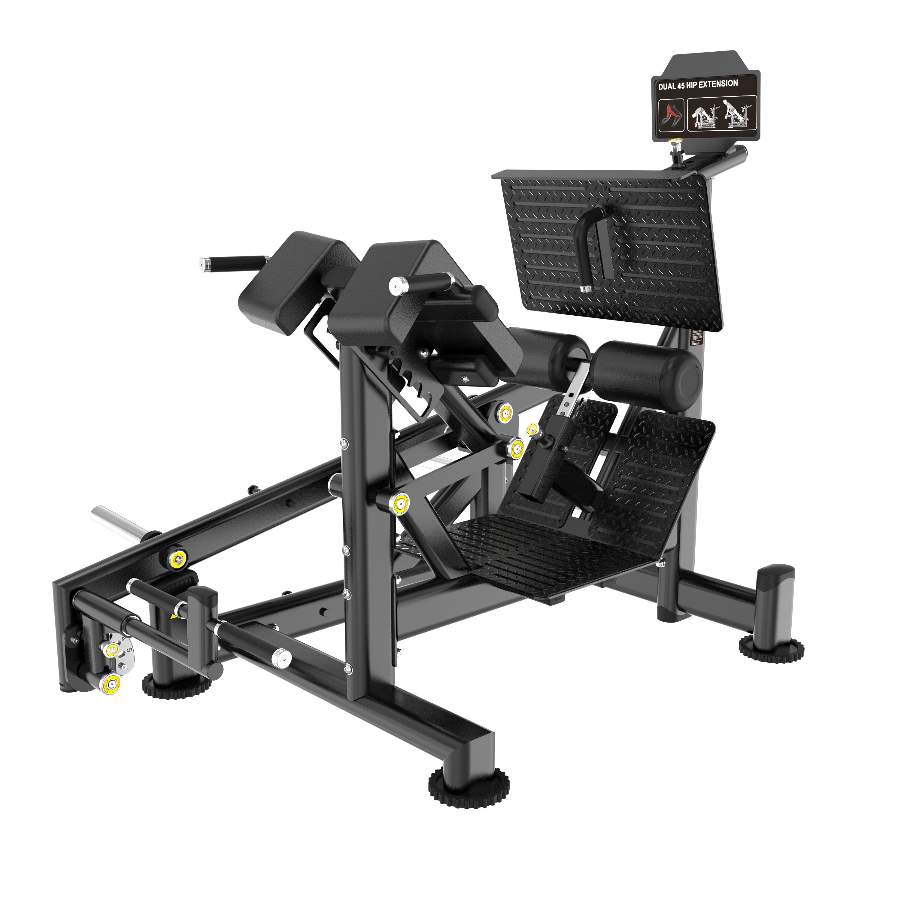The BefitNow Canada FS33 DUAL 45 HIP EXTENSION is a black and silver gym machine with angled foot platforms, padded supports, and instructional graphics—perfect for dual leg and hip extension exercises targeting the posterior chain.
