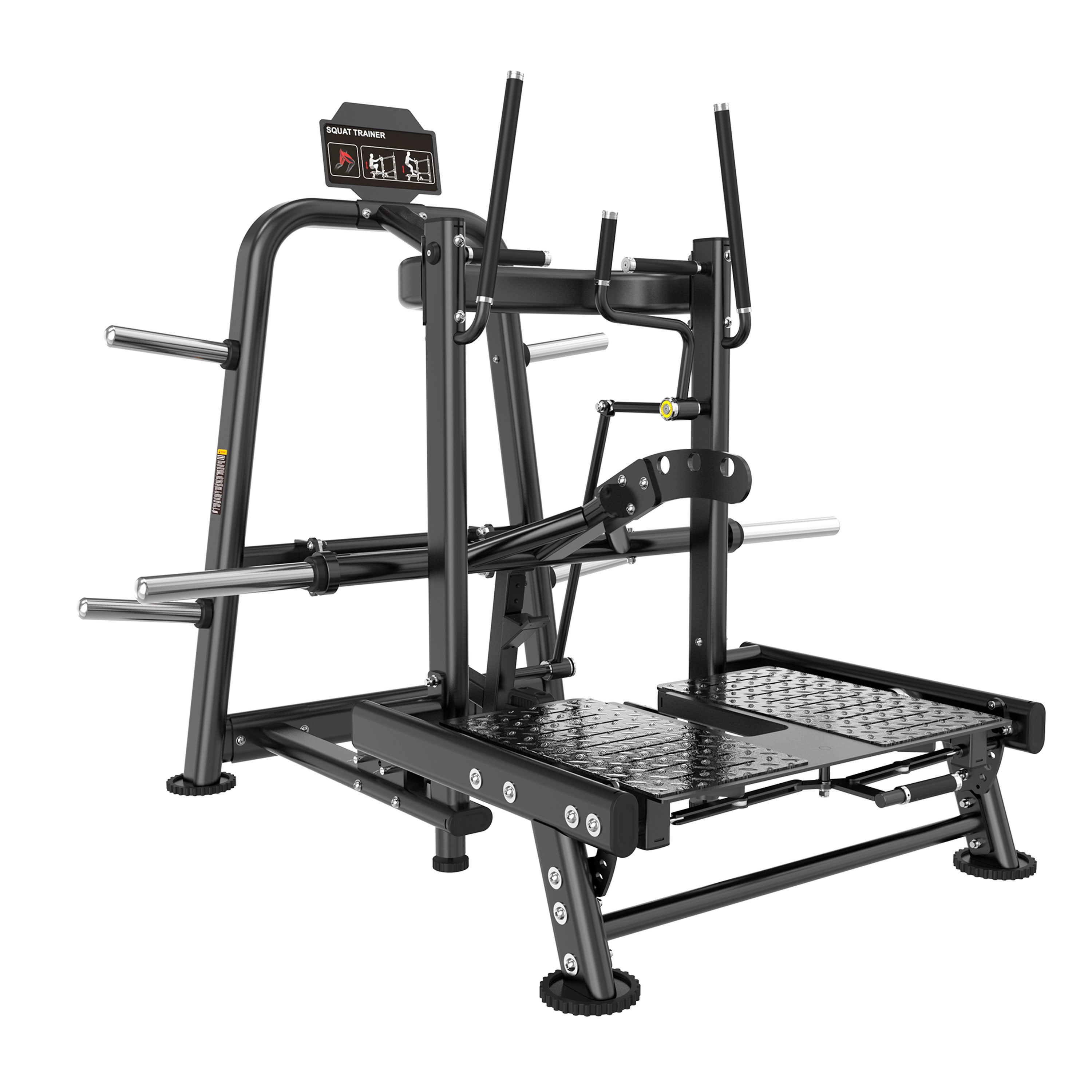 The BefitNow Canada FS53 SQUAT TRAINER features a black design with multiple bars, foot platforms, weight holders, and handles for leg strengthening and strength training. Its compact build is perfect for efficient gym workouts.