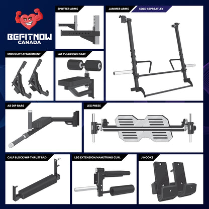 A graphic showcasing BefitNow Canada's Kahuna All in One Power Rack with attachments like spotter arms, jammer arms, monolift, lat pulldown seat, AB dip bars, leg press, calf block/thrust pad, leg extension/curl, and J hooks.