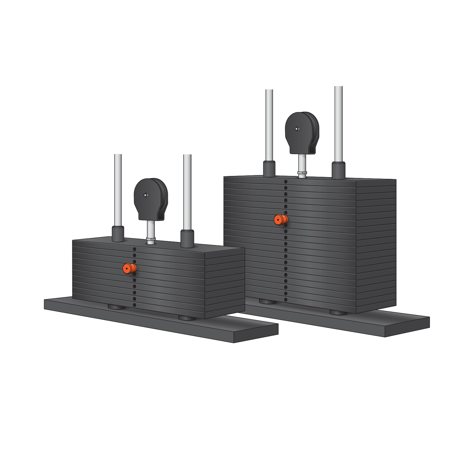 Illustration of the BefitNow Canada 264lbs Weight Stack Upgrade Relentless: two black stacks with pulleys, each featuring adjustable weight plates via an orange pin. The stacks are mounted on a base, supported by silver rods, enhancing muscle building and strength training efficiency.
