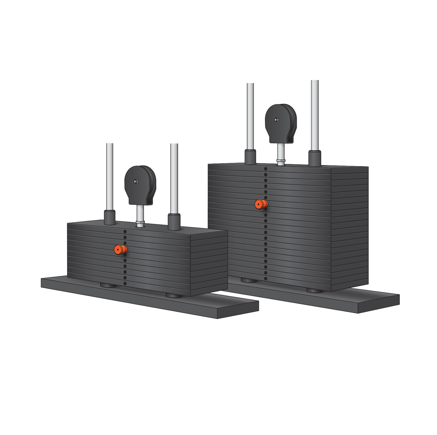 The Leg Extension Leg Curl Weight Stack Upgrade by BefitNow Canada features two stacks of rectangular weight plates on separate bases with vertical rods, adjustable pins, black tuning knobs on top, and red side adjustment knobs for a seamless upgrade.