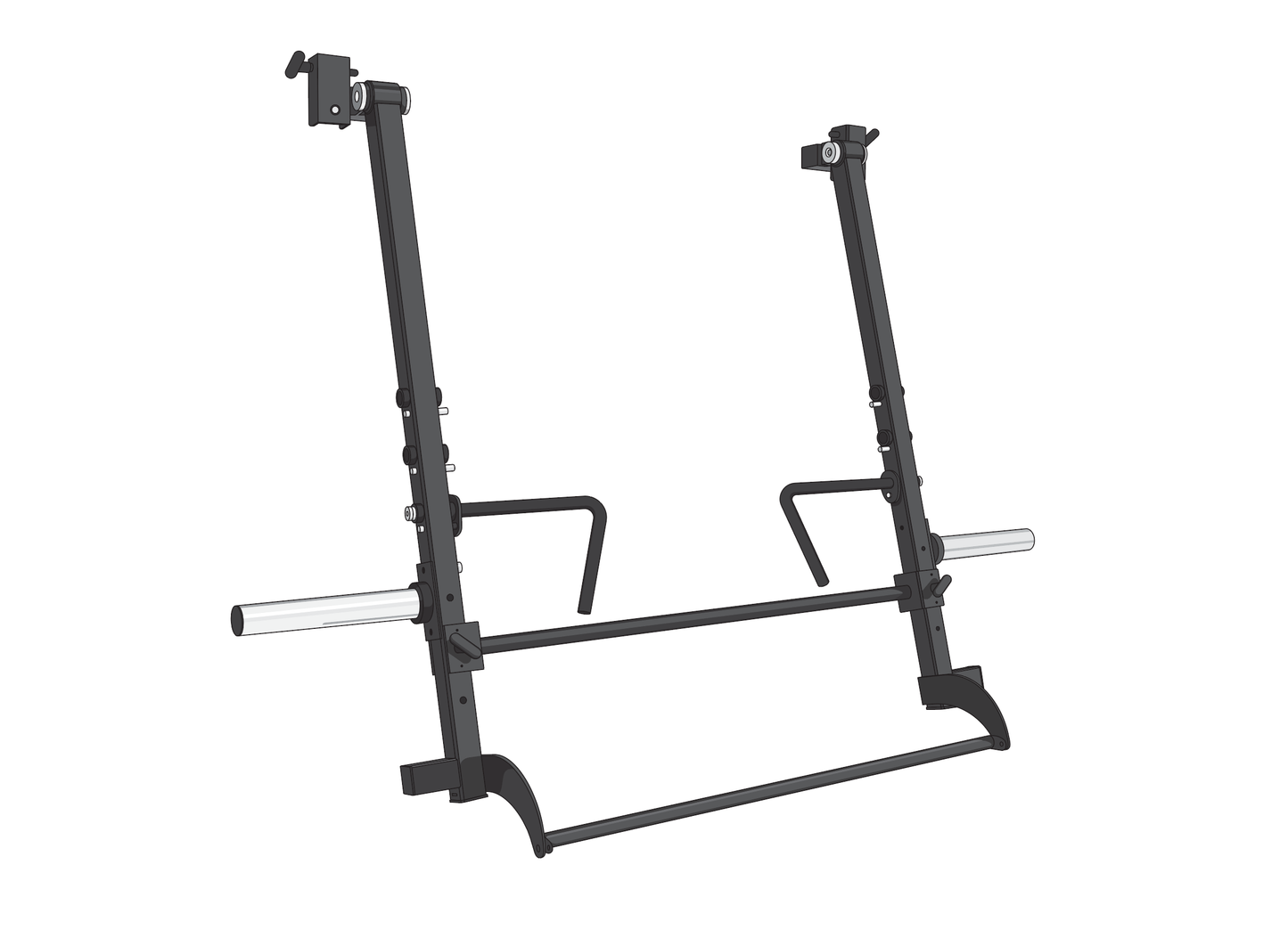 Illustration of a BefitNow Canada squat rack featuring Jammer Arms, adjustable safety bars, and weight holders. Designed for barbells during strength training, its sleek black design showcases the quality of BefitNow Canada.