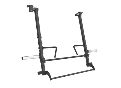 Illustration of a BefitNow Canada squat rack featuring Jammer Arms, adjustable safety bars, and weight holders. Designed for barbells during strength training, its sleek black design showcases the quality of BefitNow Canada.