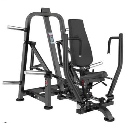 The BefitNow Canada FO104 Chest Press Machine features a black and silver design with padded seat, backrest, and handles. Built for upper-body workouts, it includes weight plate holders on each side—ideal for commercial gyms in Canada.