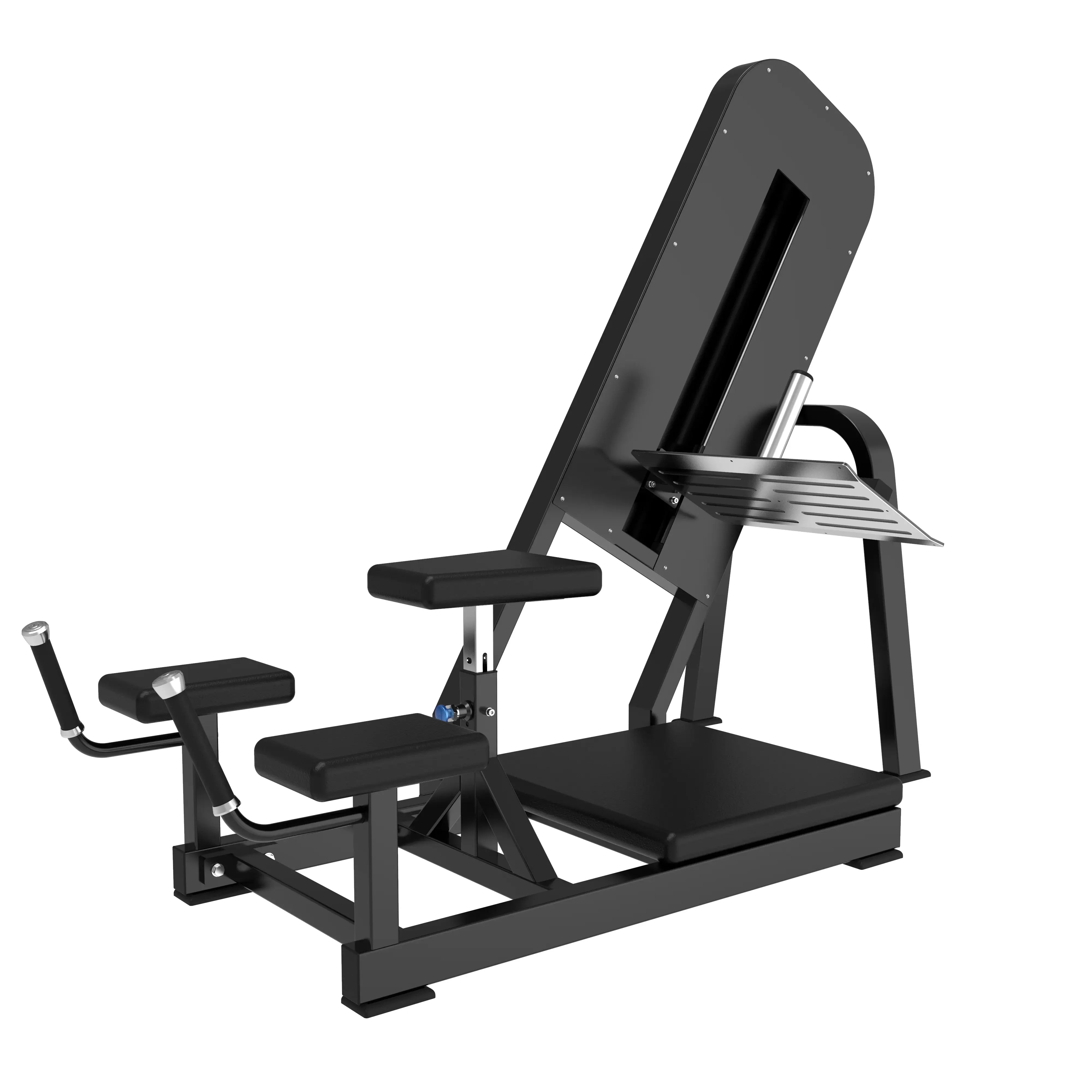The BefitNow Canada DZ97 Hip Glute is a black leg press machine with padded seat, backrest, footplate, and handles; built for lower body strength in the gym with robust construction for stability and top performance.