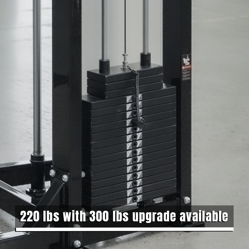 Close-up of the BefitNow Canada Dip/Chin Assist’s weight stack—220 lbs (upgradeable to 300 lbs). Black plates are stacked vertically with a selection pin, making it ideal gym equipment for upper-body strength training.