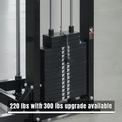 Close-up of the BefitNow Canada Dip/Chin Assist’s weight stack—220 lbs (upgradeable to 300 lbs). Black plates are stacked vertically with a selection pin, making it ideal gym equipment for upper-body strength training.