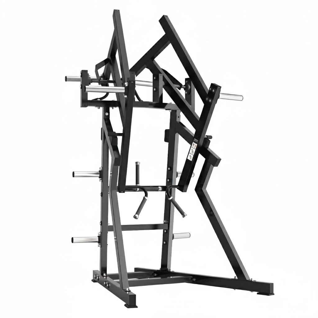 The BefitNow Canada TM65 Comprehensive Decline Press is a black, angled strength machine with multiple handles and plate holders for chest press exercises. It features a sturdy freestanding frame, weighs 410lbs, and measures 70"x61"x95".