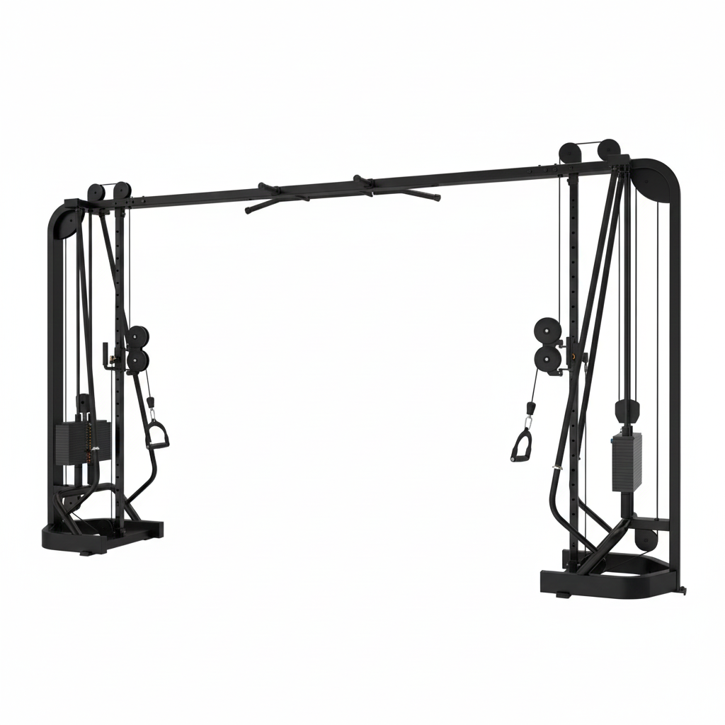 The BefitNow Canada TB16 Adjustable Crossover is a black fitness machine with adjustable pulleys, dual weight stacks, and multiple handles and attachments for strength training, shown against a white background.