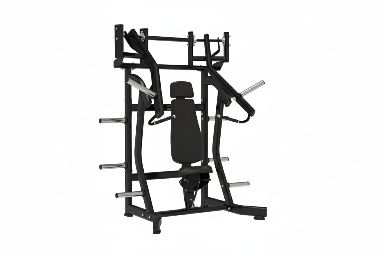 The BefitNow Canada Incline Chest Press is a black, plate-loaded machine with multi-angle design, padded seat, backrest, headrest, weight plate holders; measures 62"x38"x76", weighs 328 lbs; shown isolated on a white background.