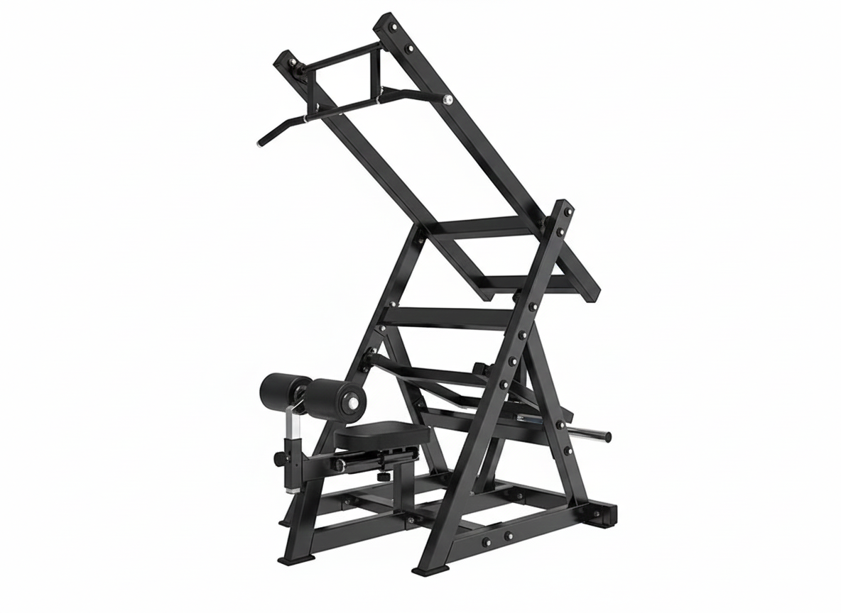 The BefitNow Canada TM113 Pulldown Trainer is a black, heavy-duty gym machine for seated pull-downs, with an angled frame, padded seat, leg support, pull-up handles, 293 lbs weight, and dimensions of 64"x47"x79".