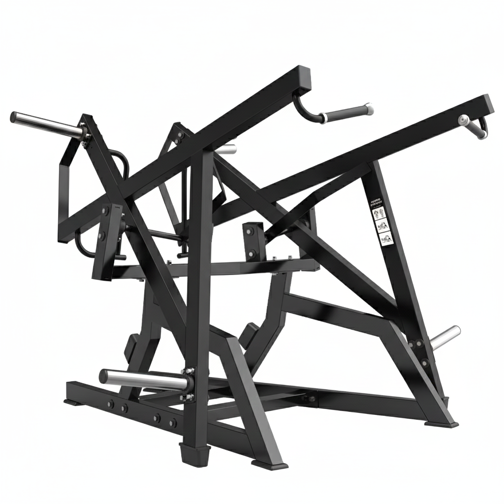 The TM64 Comprehensive Incline Press by BefitNow Canada is a black, heavy-duty plate-loaded chest press machine with a sturdy metal frame, multiple angled handles, instructions label. Weight: 373lbs. Dimensions: 80"x73"x54". Ideal for strength training.