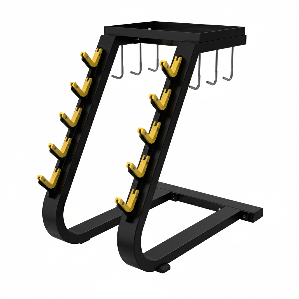 The TB55 Barbell Rack by BefitNow Canada is a black metal stand with two angled arms, yellow brackets, and multiple hooks for organizing or displaying items; it weighs 152 lbs and measures 39"x32"x57".